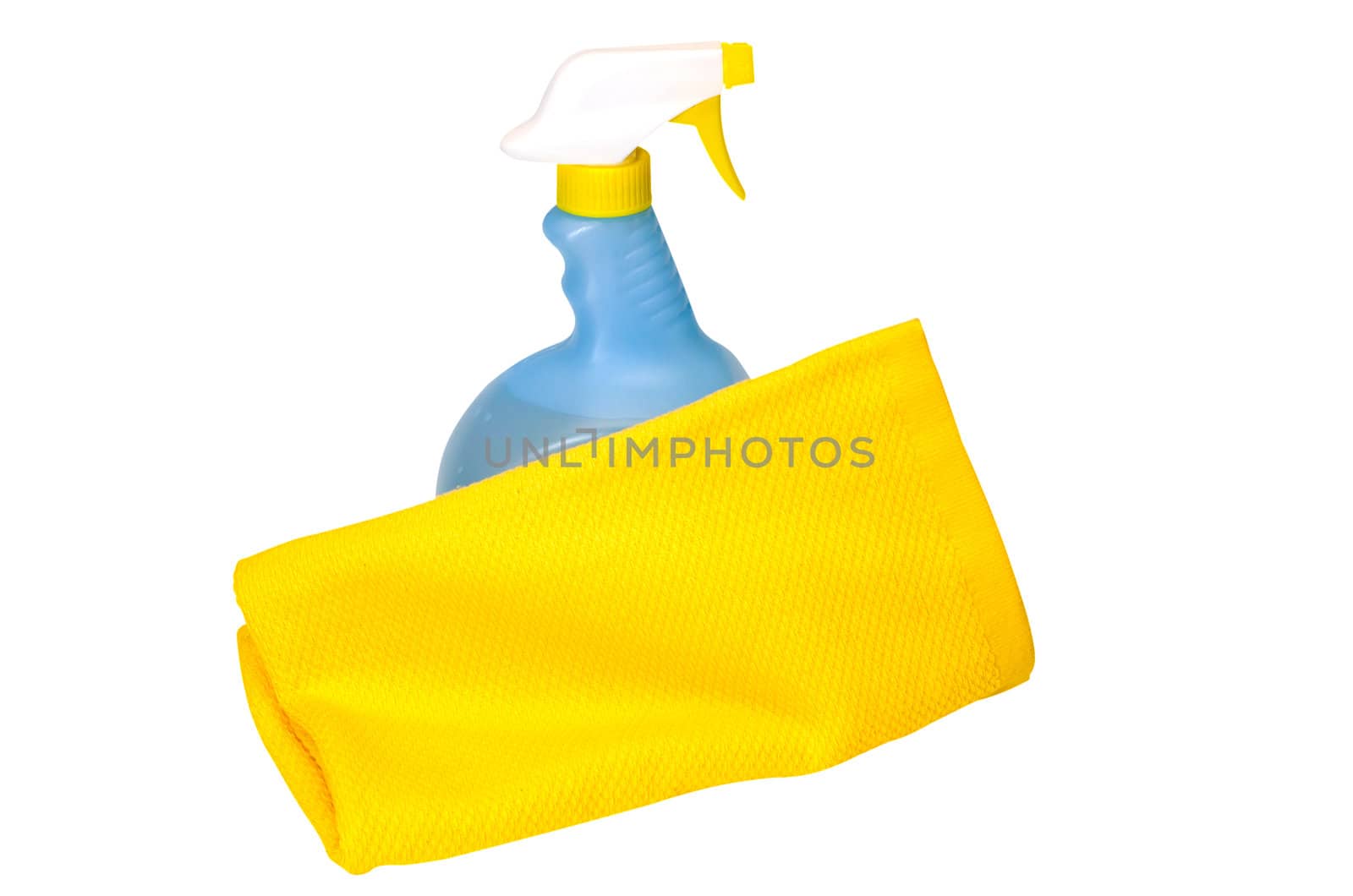 Spring cleaning with cleaning solution and towel.  Isolated image on white background with clipping path.