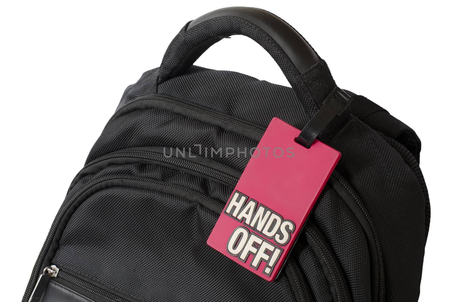 close of a rucksack with sign hands off on it on white background