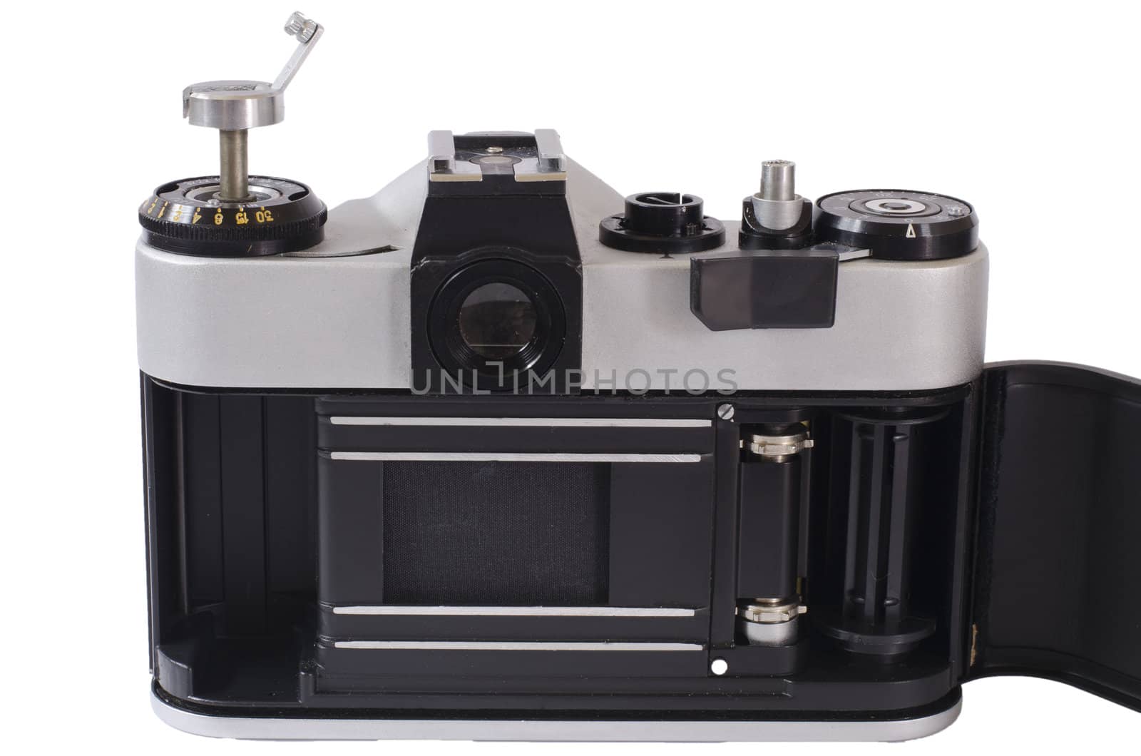 vintage camera with back open on white background