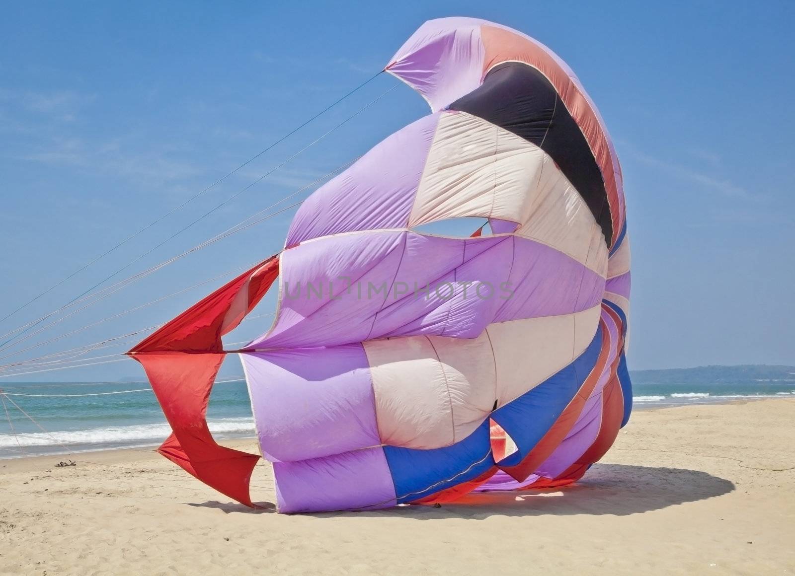 A cropped image from a landscape taken on Goa Beach of a parachute being made ready for parasailing