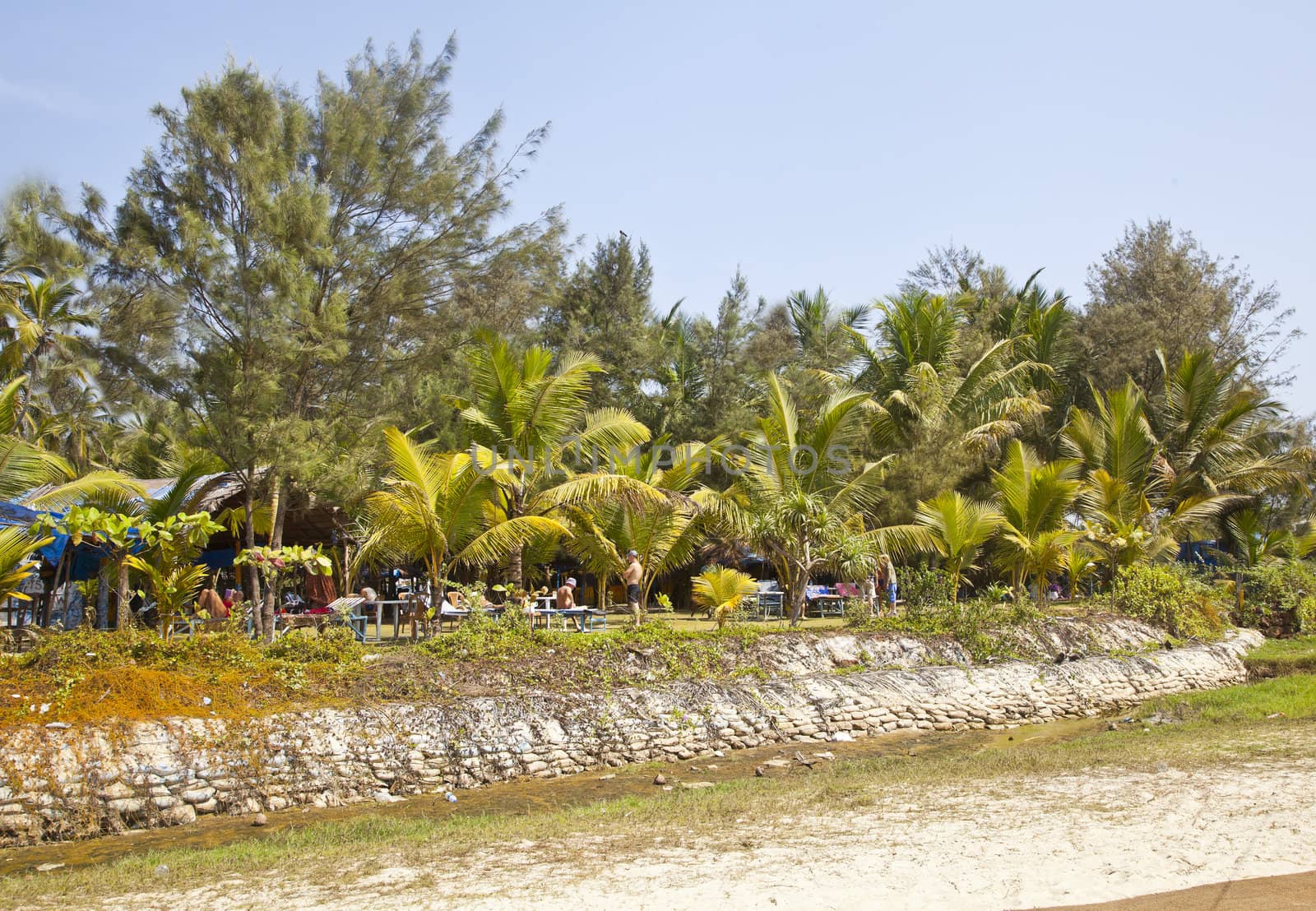 Scene from the beach of outdoor eatery and picnic area were public are relaxing around noon on January 27, 2013 in Goa, India