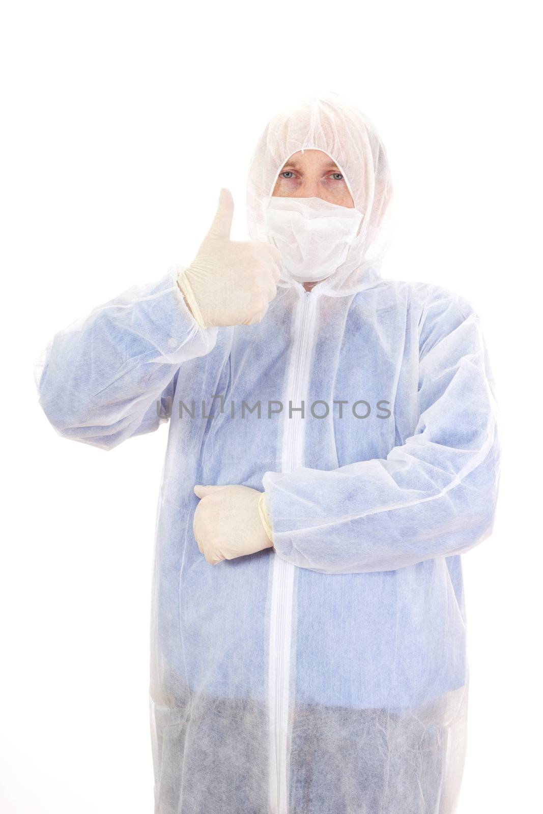 Man in disposable overall