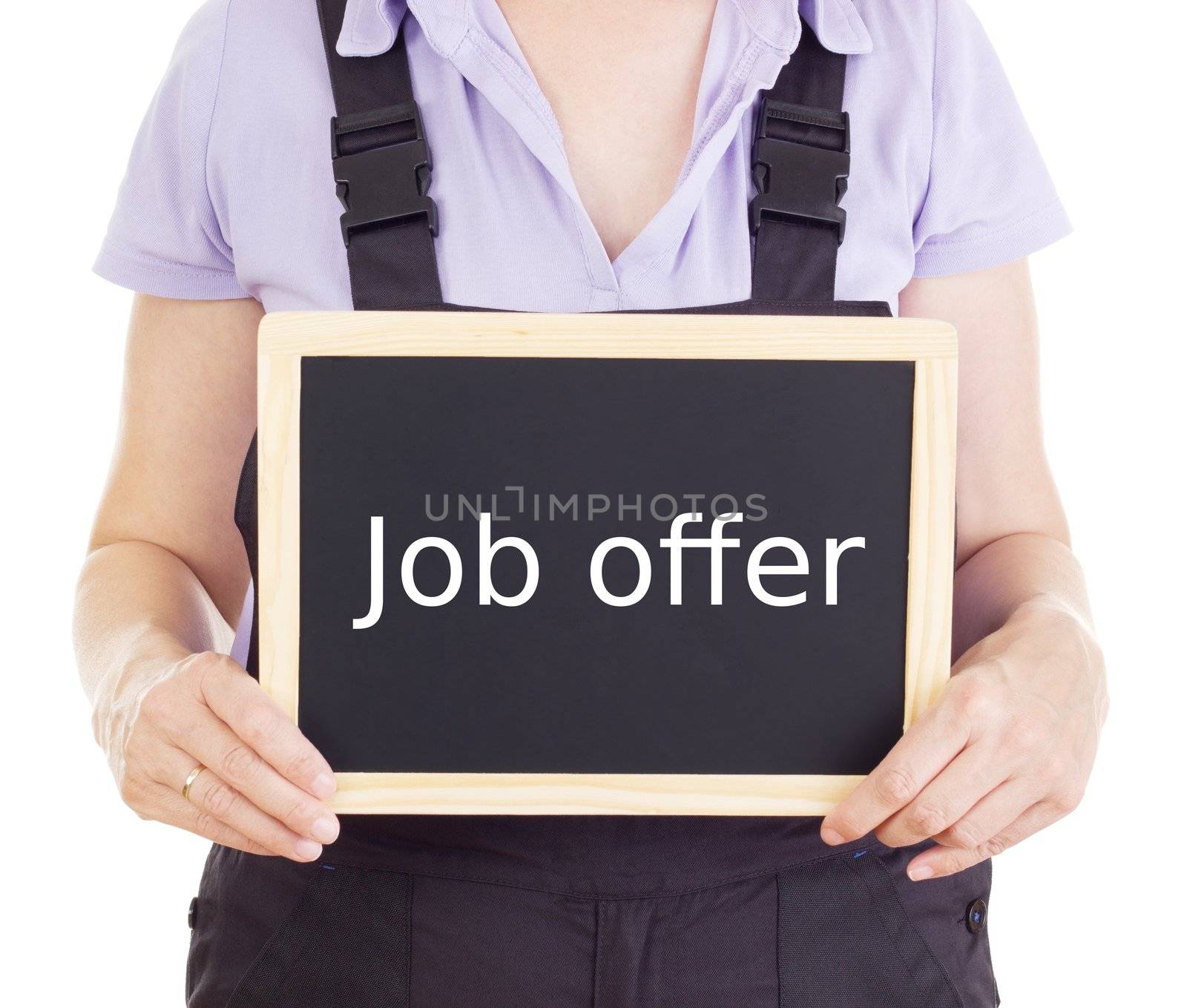 Craftsperson with blackboard: job offer