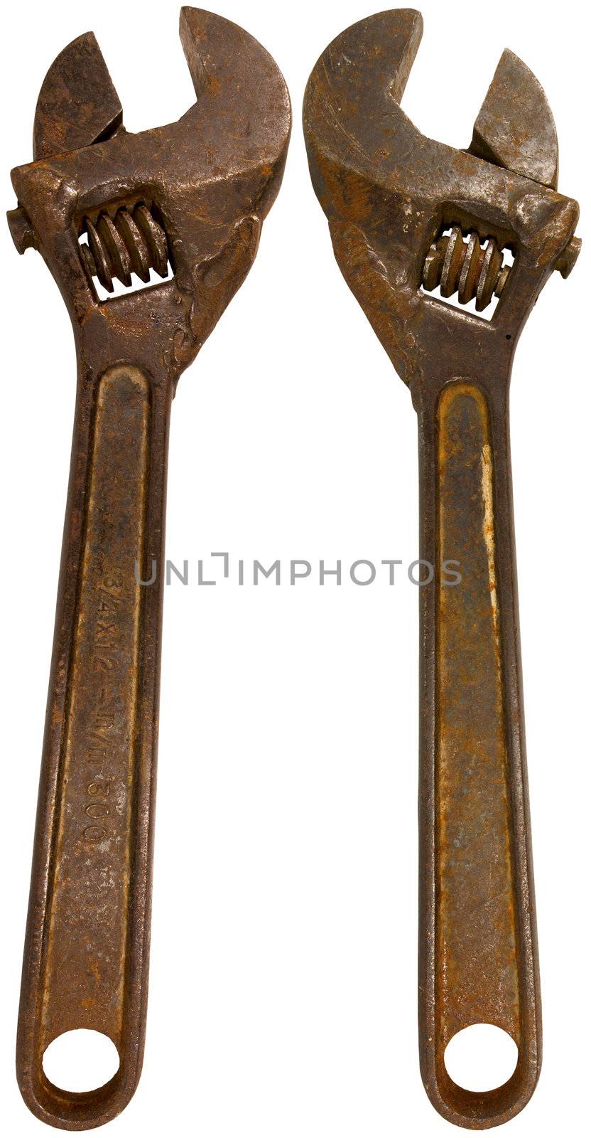 Old Rusty Wrench isolated on white background - front and back