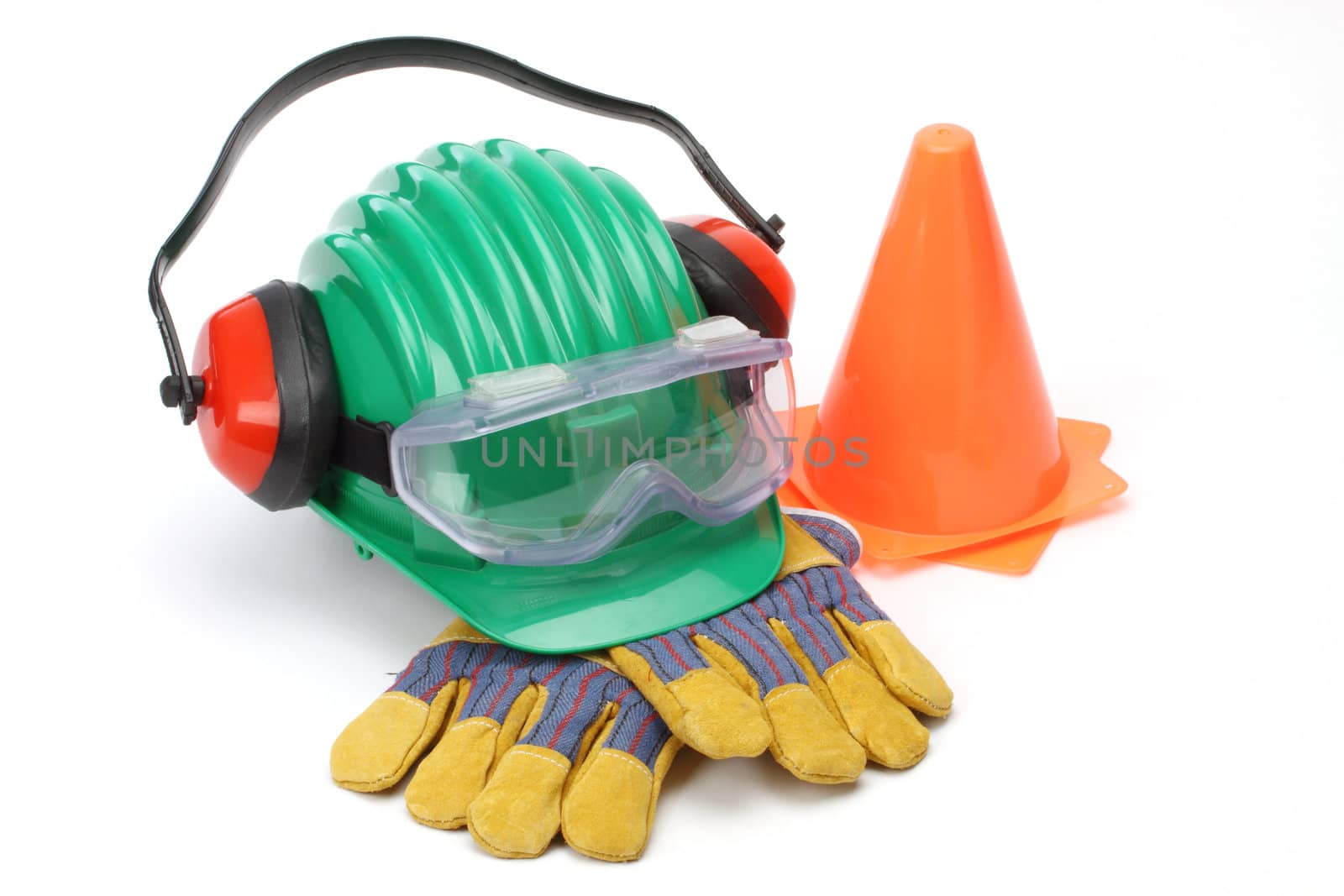 Safety gear kit close up over white 