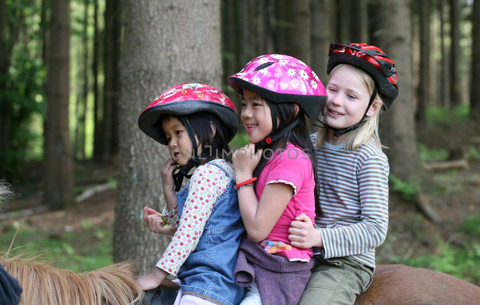 three friends:  one caucasian blond and two  asian (9 years +5 years) on horses in a forest