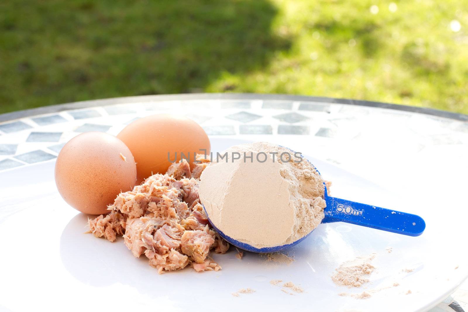 Tuna, egg and whey protein powder on a white plate