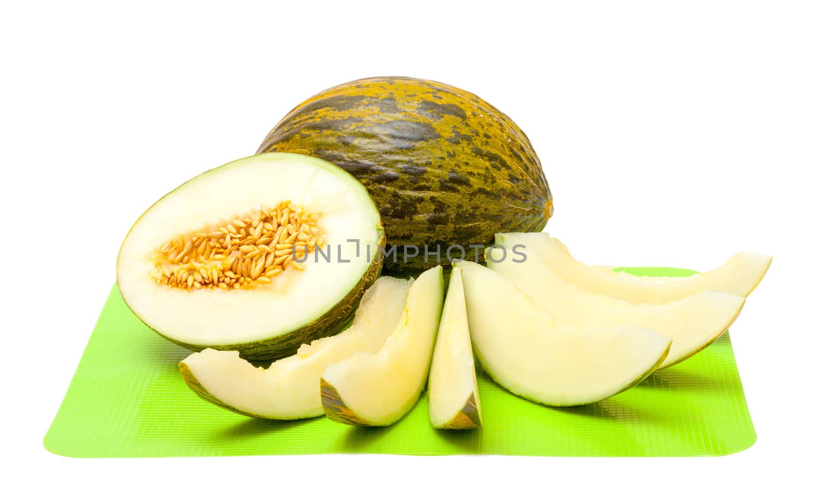 Green Melon with Slices, on white background