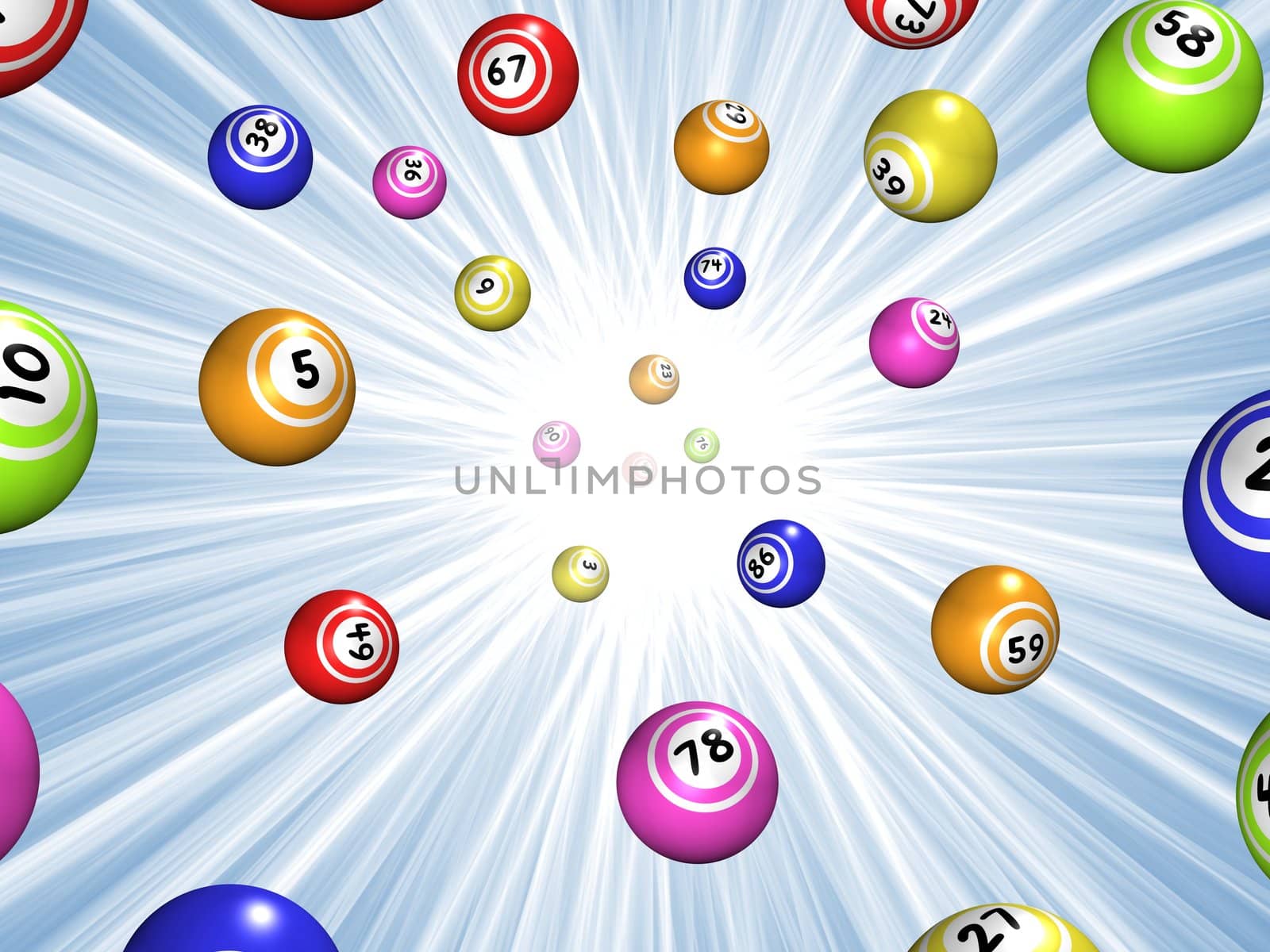 Illustration of Bingo balls over a blue starburst background