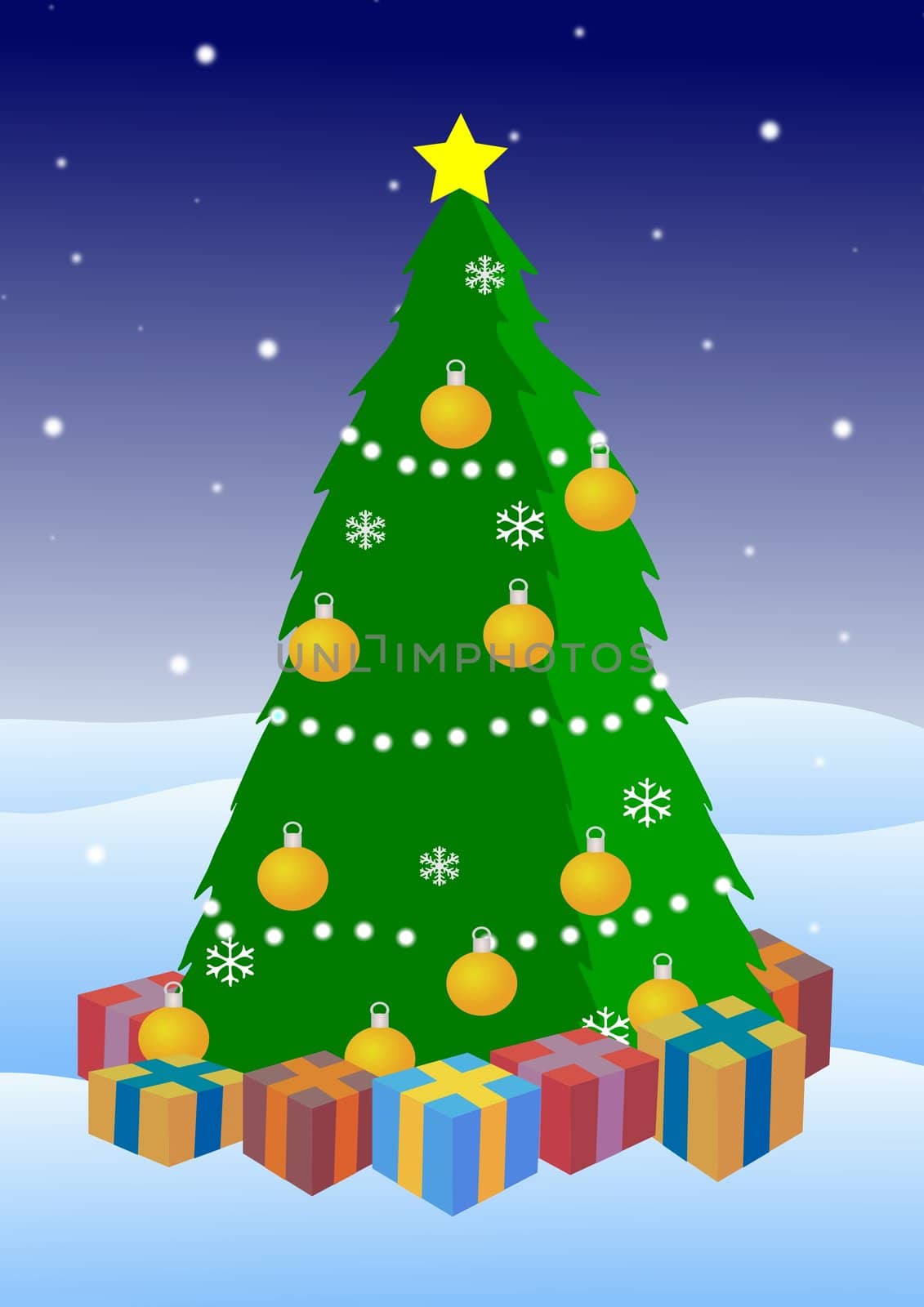 Illustration of a Christmas tree outside in the snow