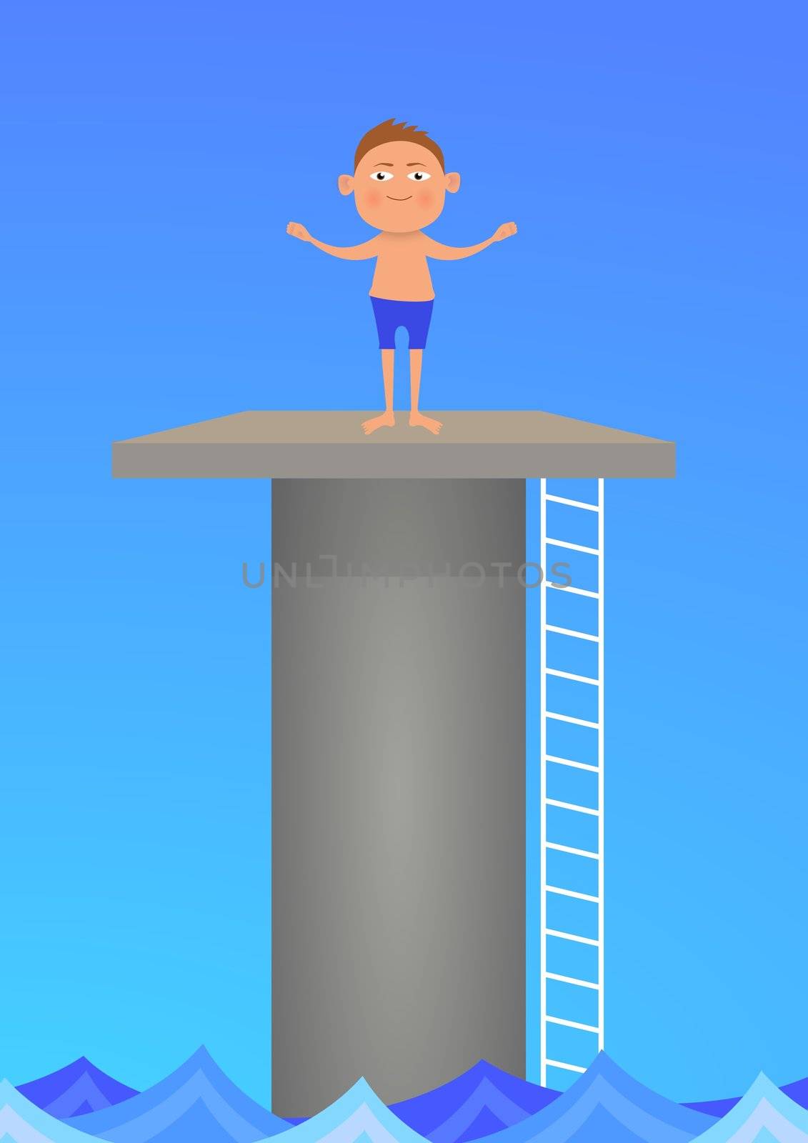 Illustration of a boy standing on a diving platform