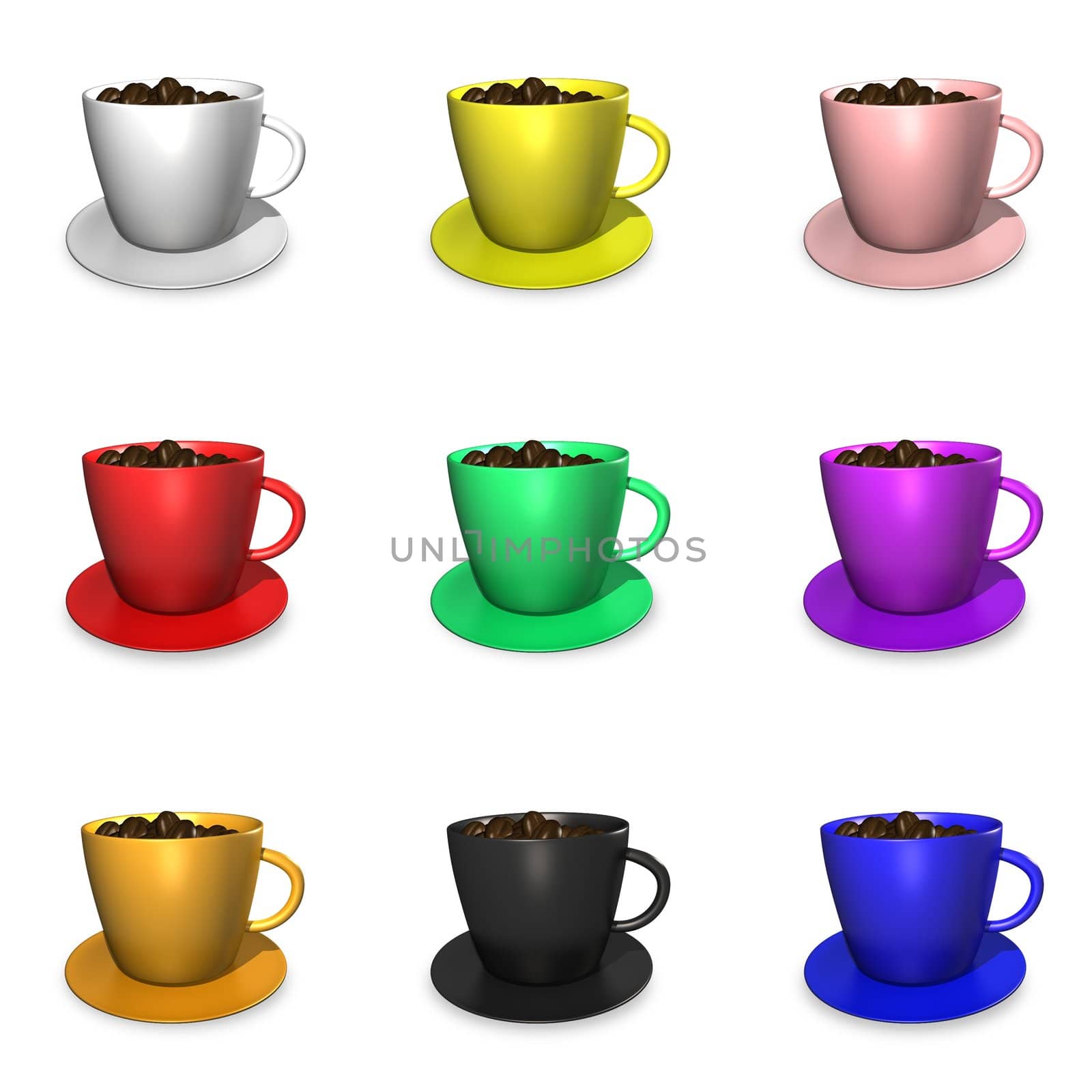 Illustration of nine coffee cups filled with coffee beans