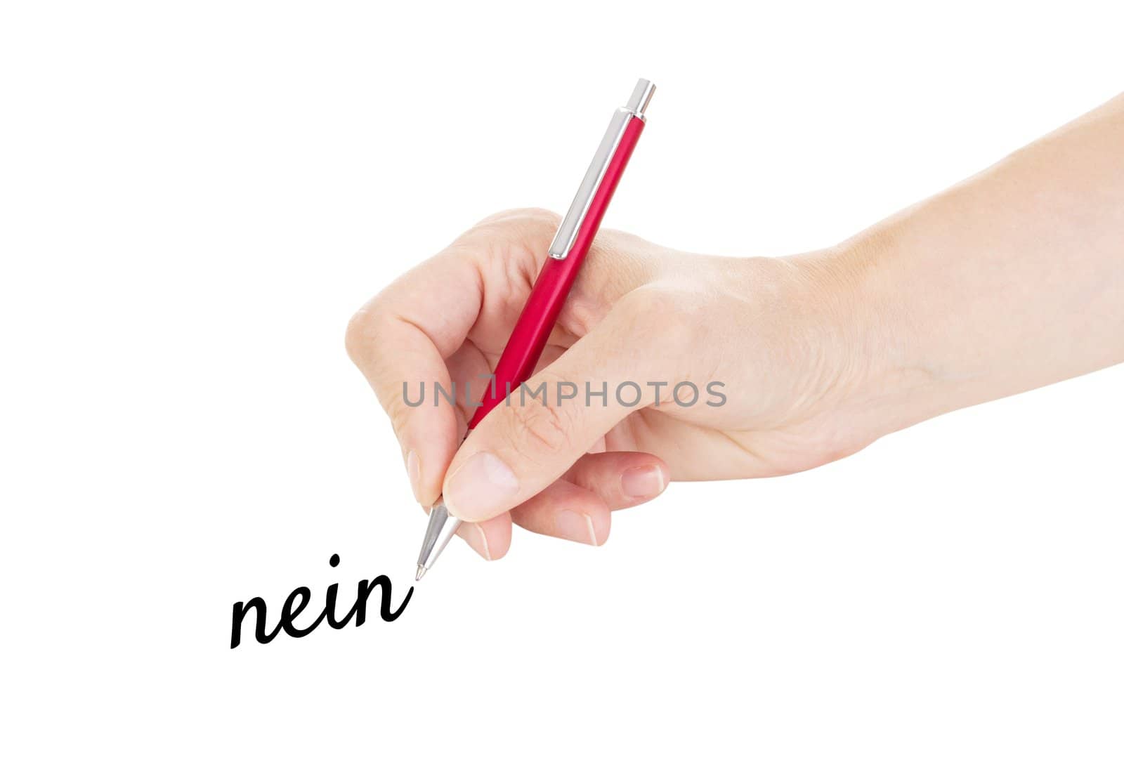 Hand with pen isolated on white background