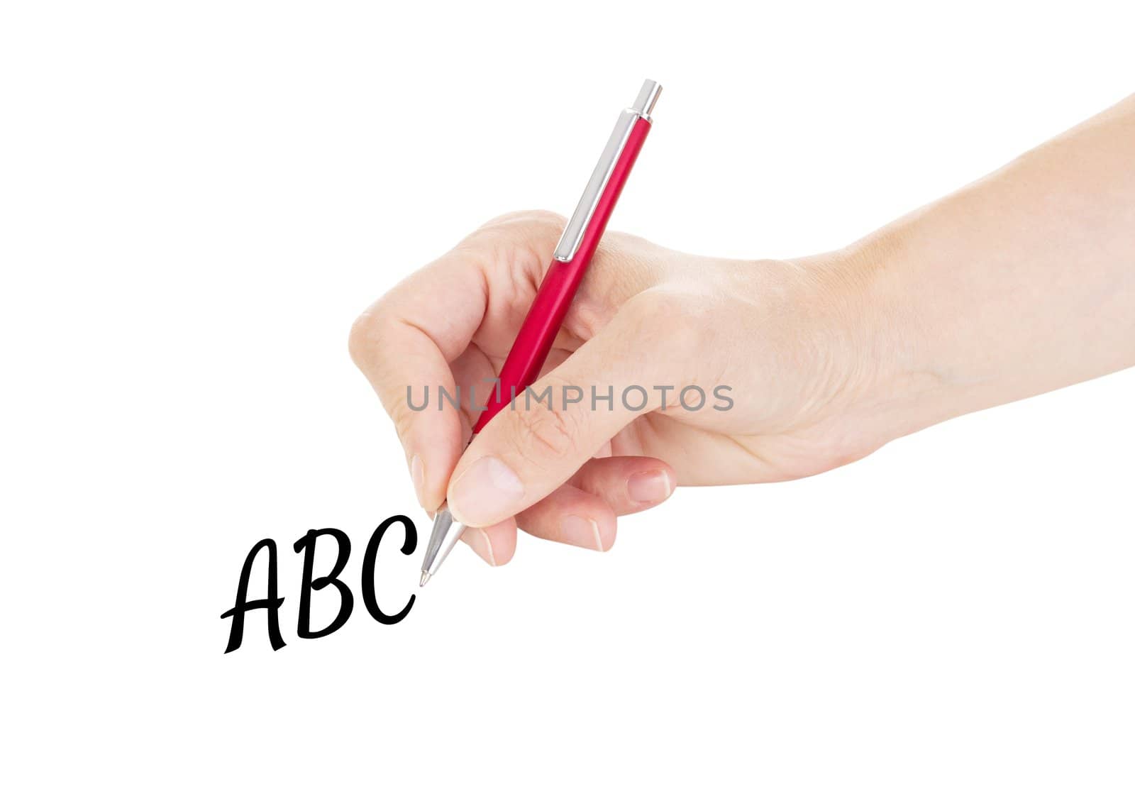 Hand with pen isolated on white background