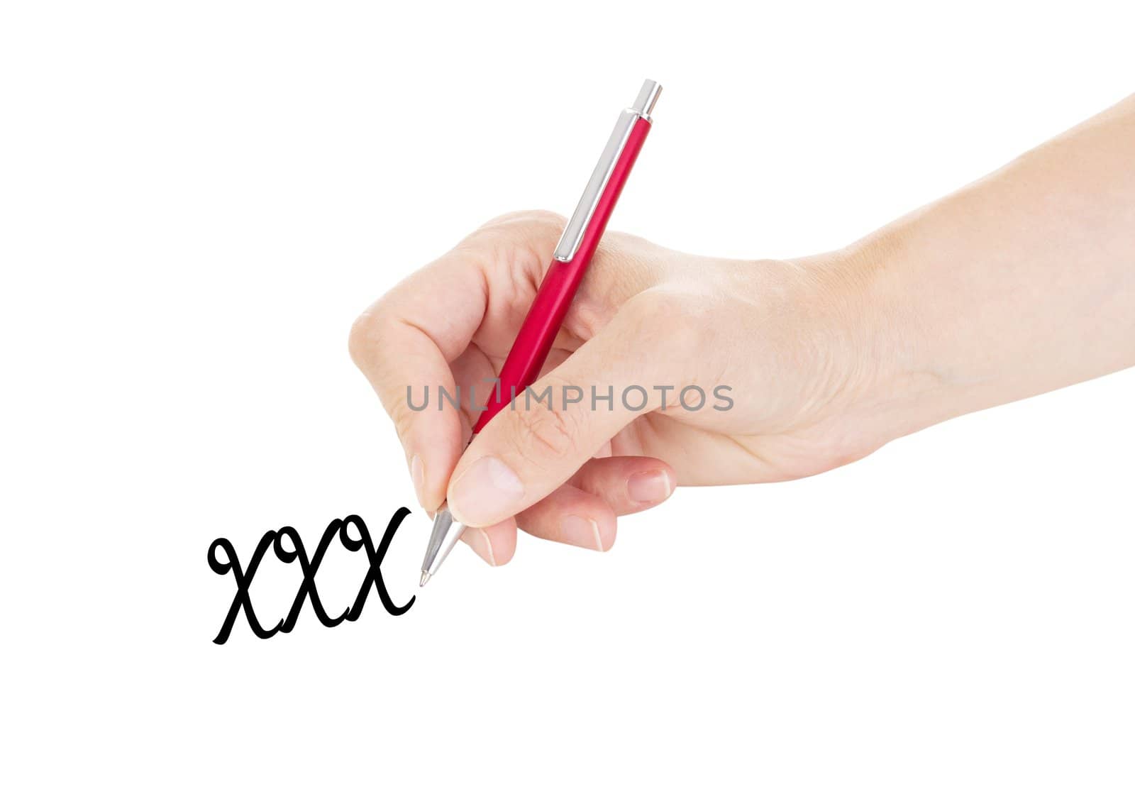 Hand with pen isolated on white background