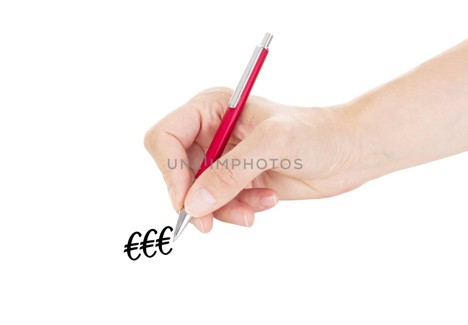 Hand with pen isolated on white background