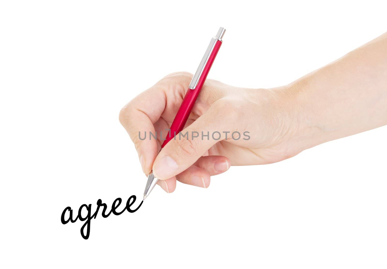 Hand with pen isolated on white background