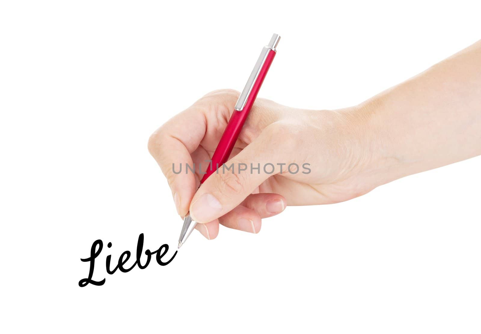Hand with pen isolated on white background