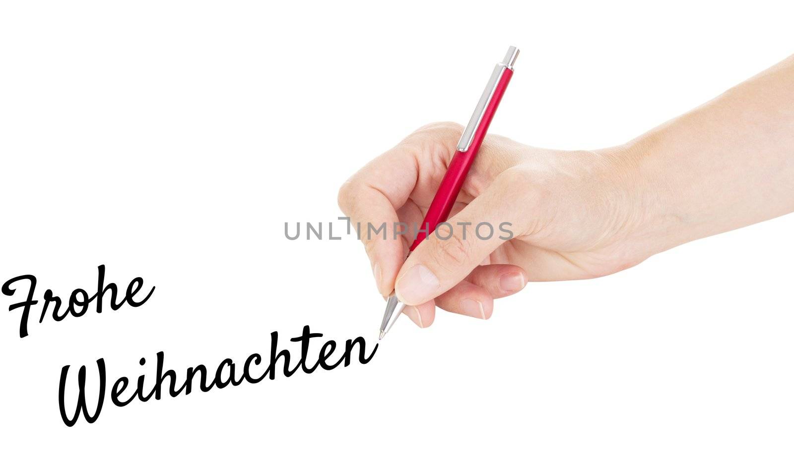 Hand with pen isolated on white background