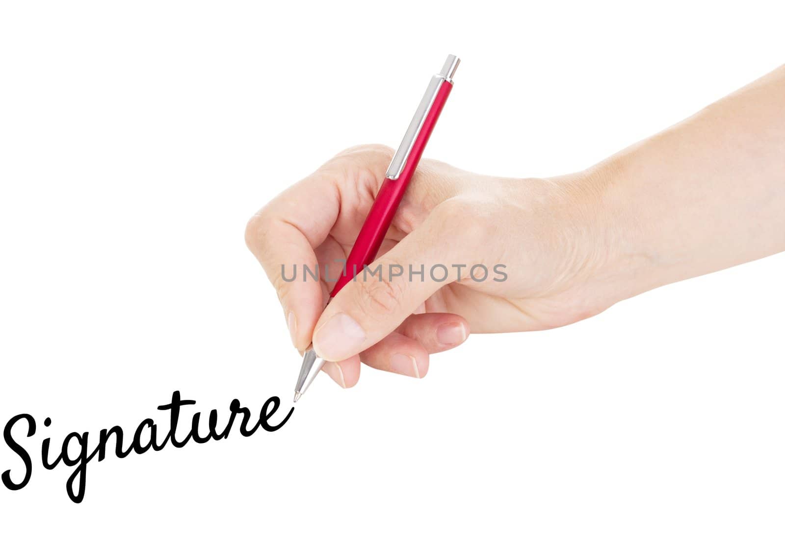 Hand with pen isolated on white background