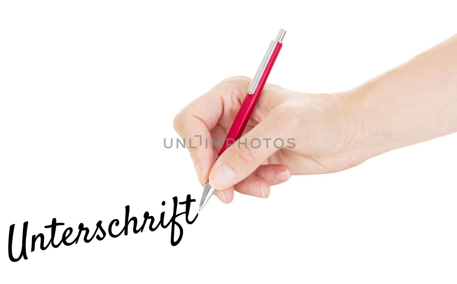 Hand with pen isolated on white background
