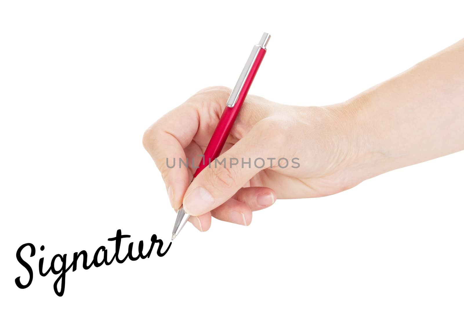 Hand with pen isolated on white background