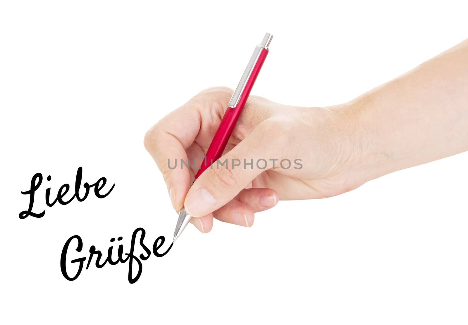 Hand with pen isolated on white background