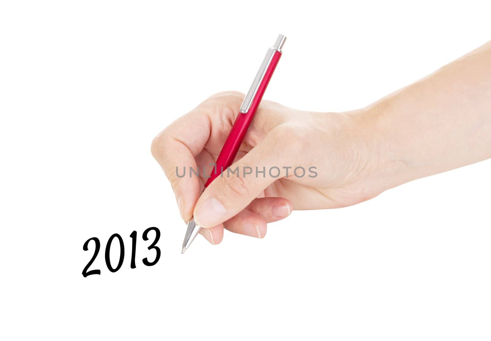 Hand with pen isolated on white background