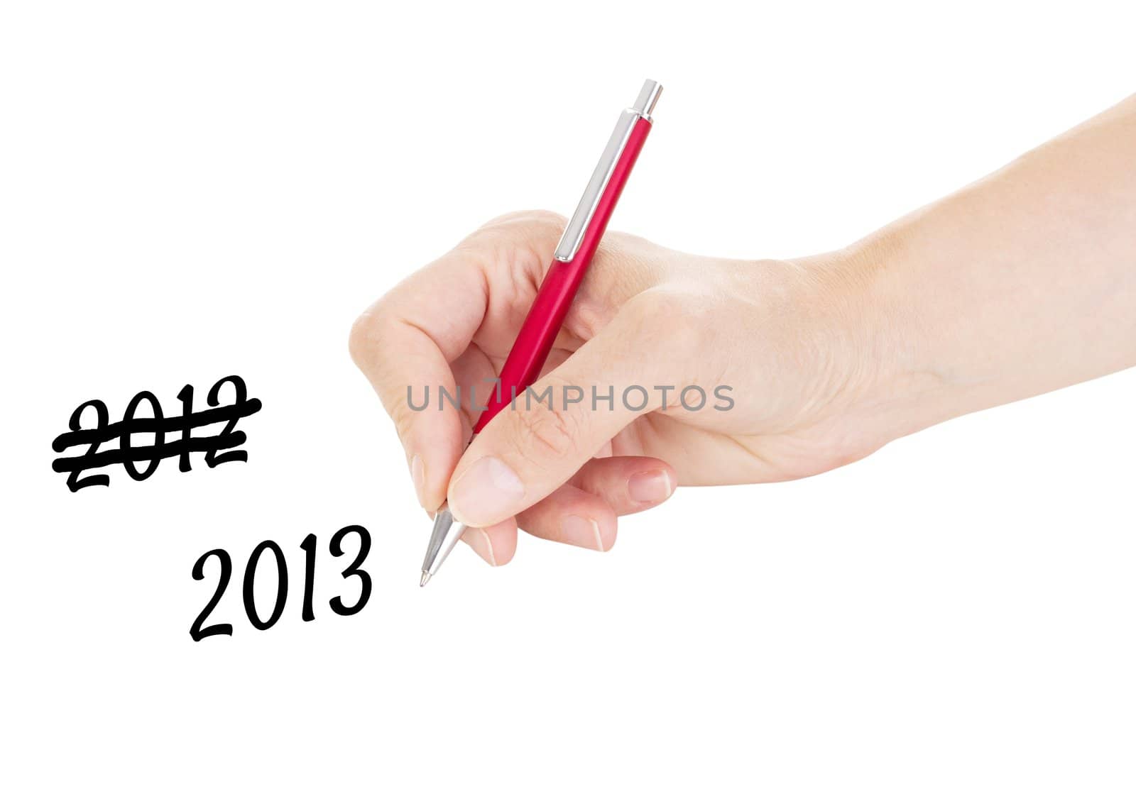 Hand with pen isolated on white background