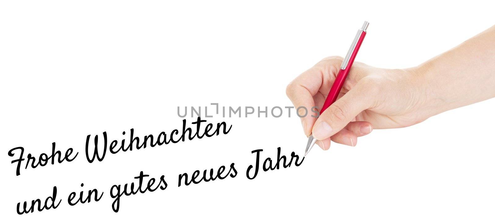 Hand with pen isolated on white background