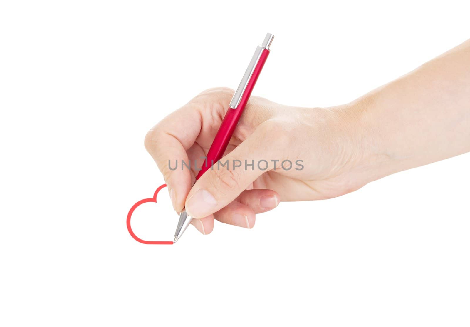 Hand with pen isolated on white background