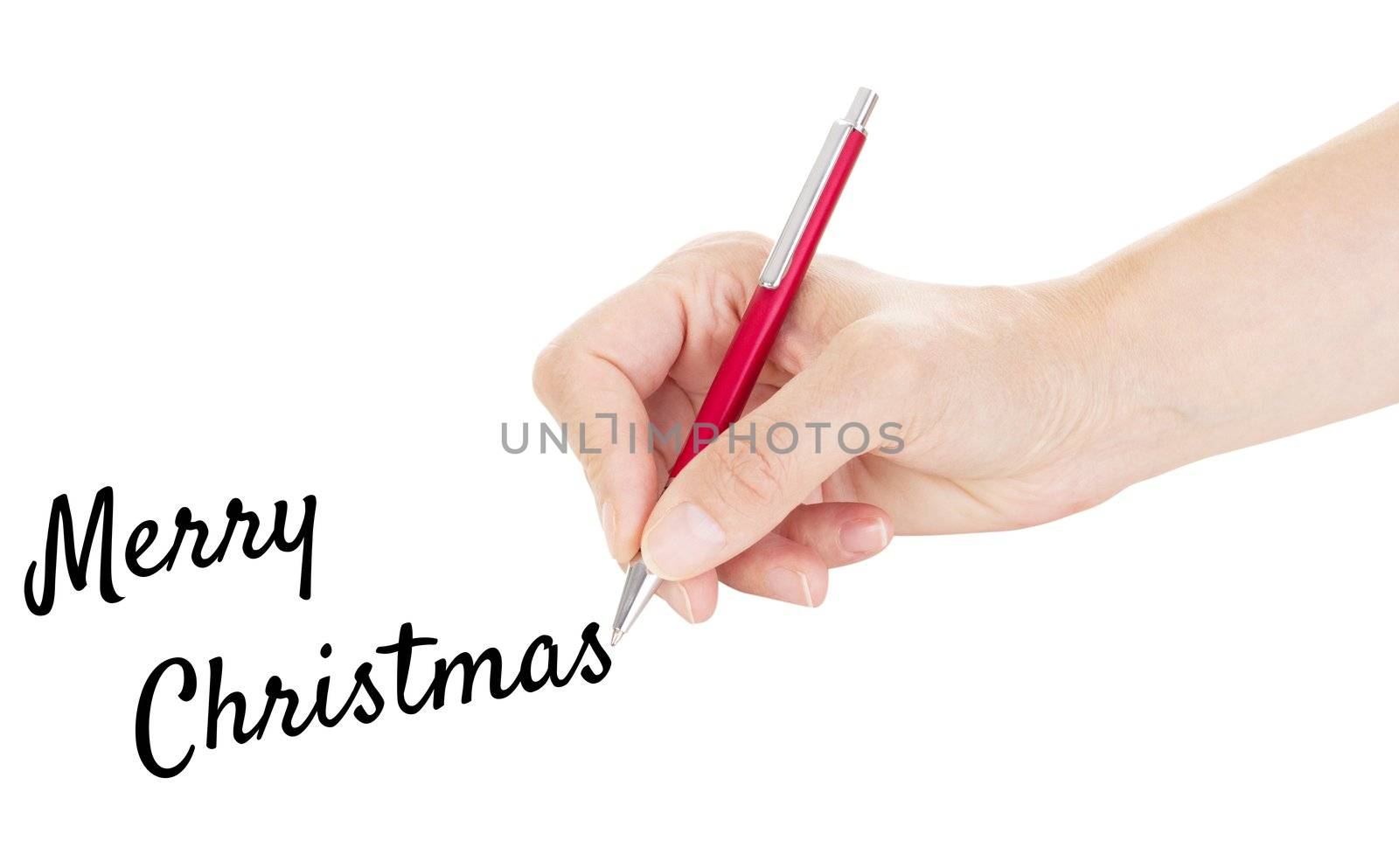Hand with pen isolated on white background