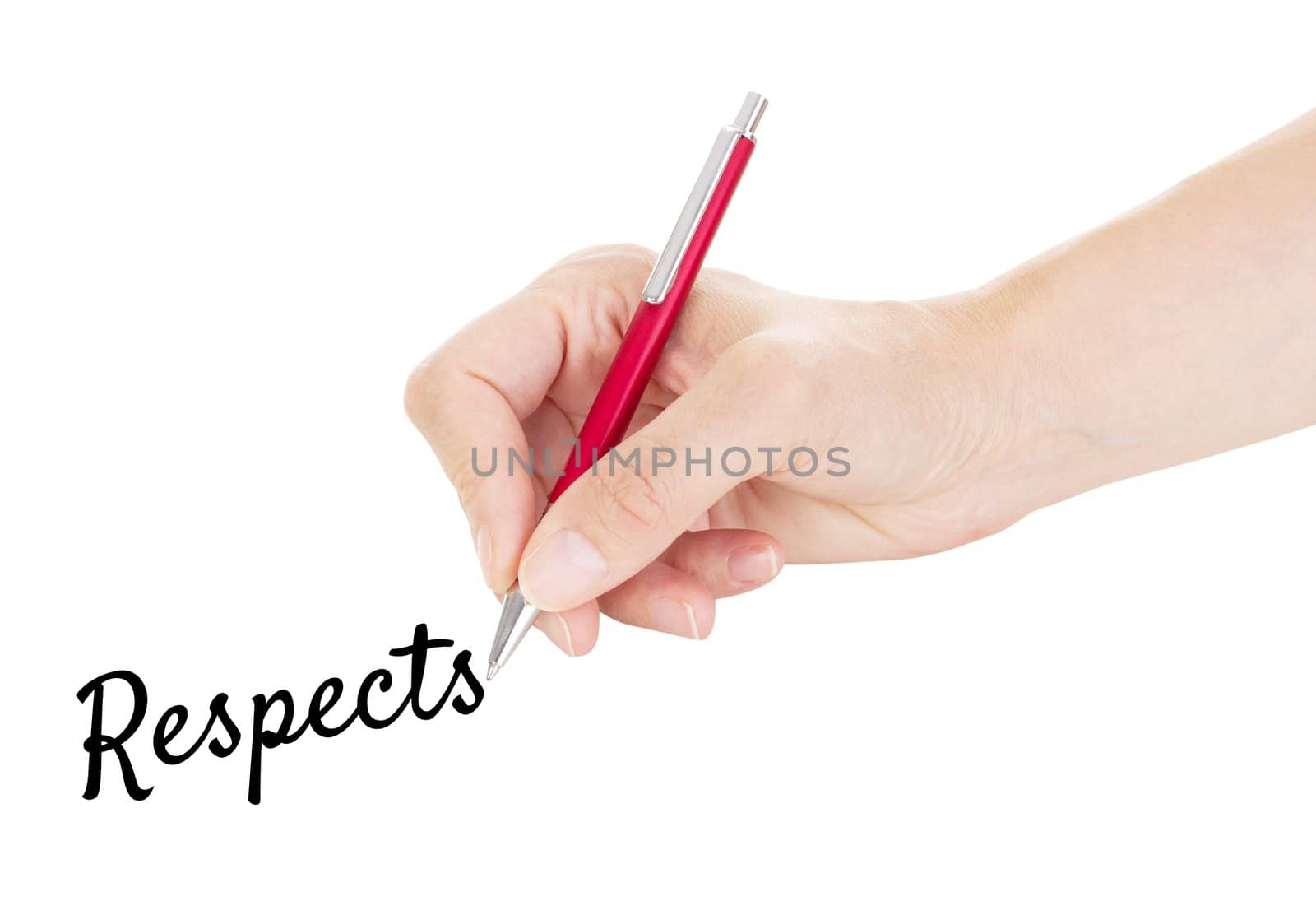 Hand with pen isolated on white background