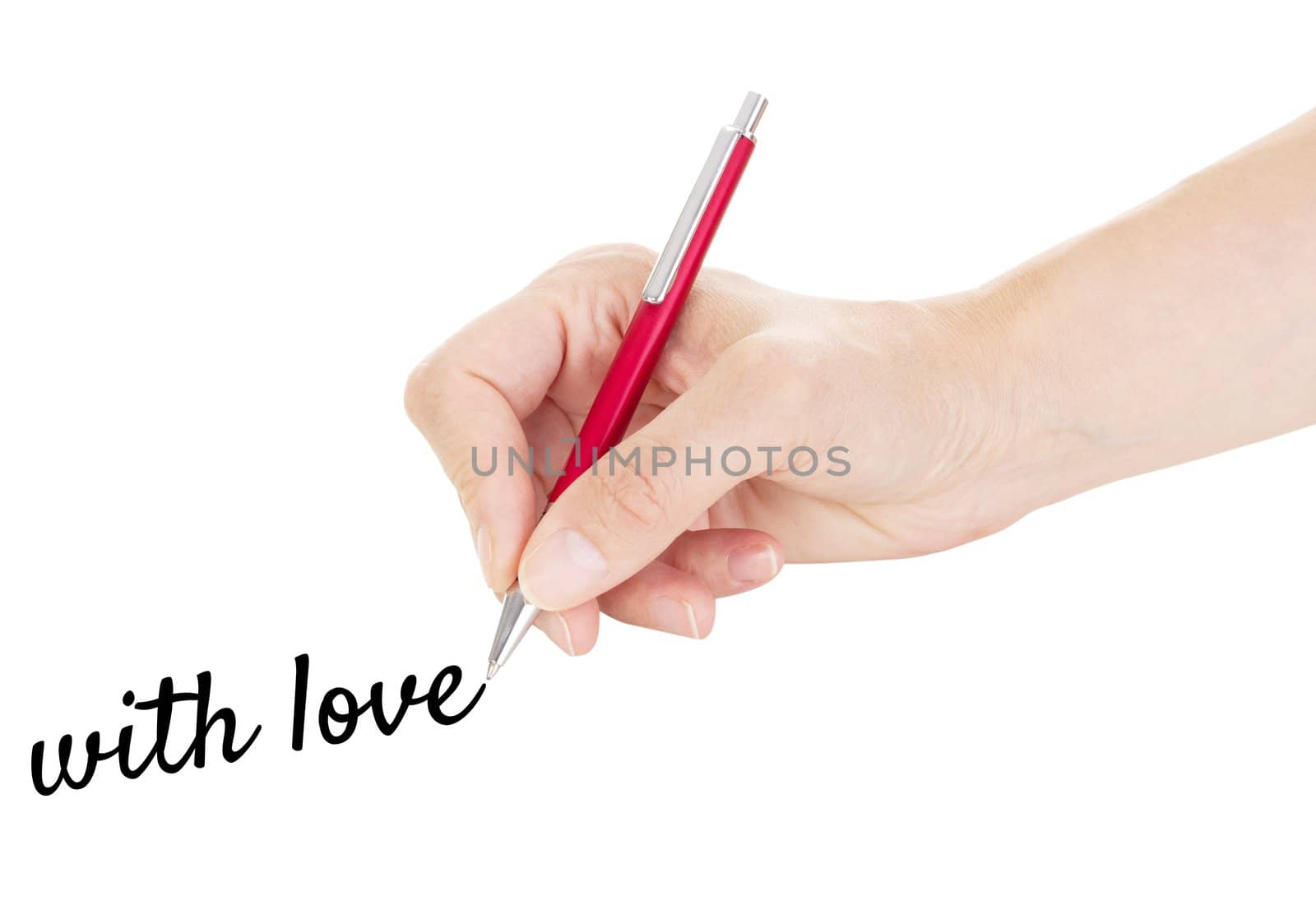 Hand with pen isolated on white background