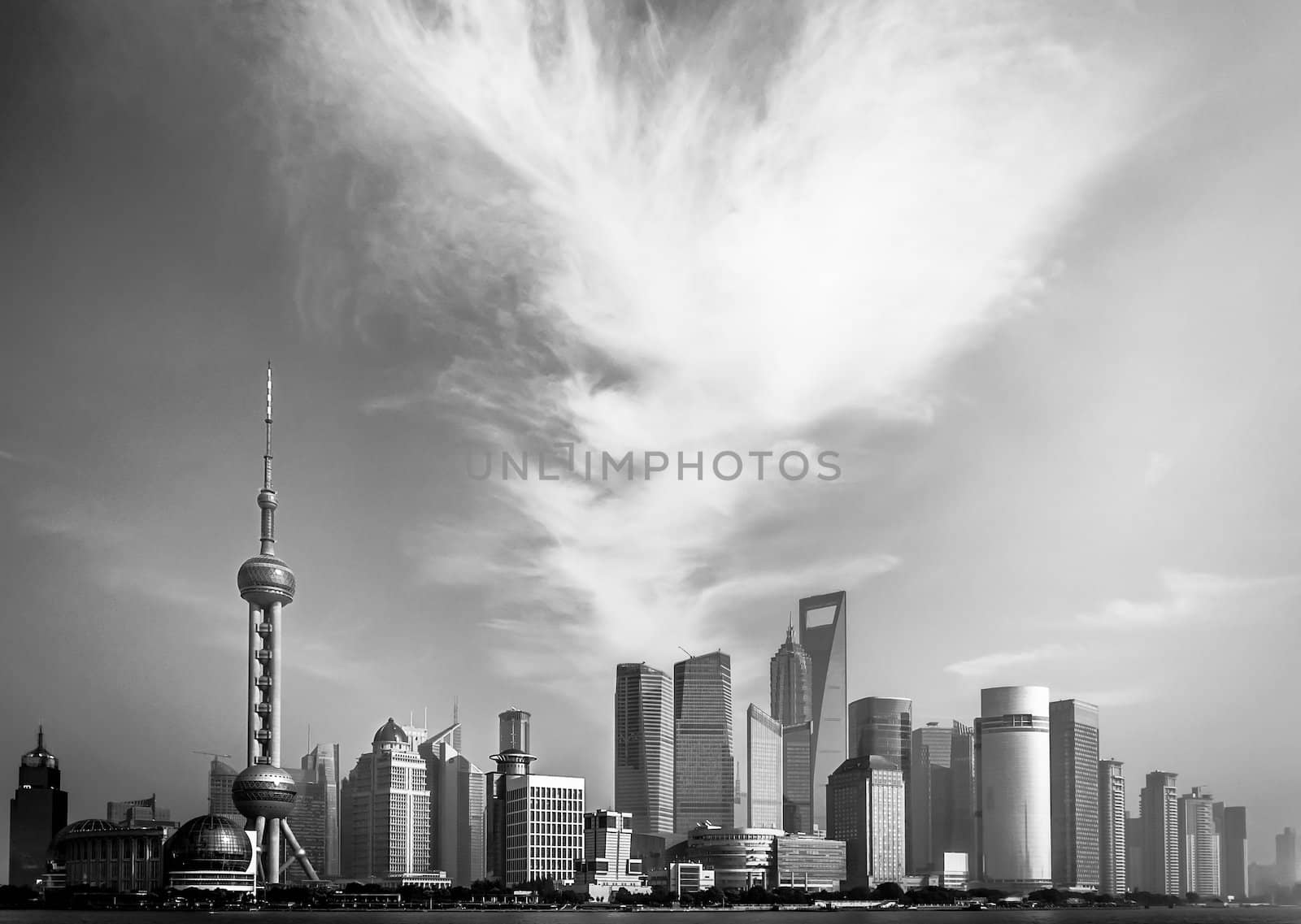 Panorama of Shanghai, Pudong, China black and white