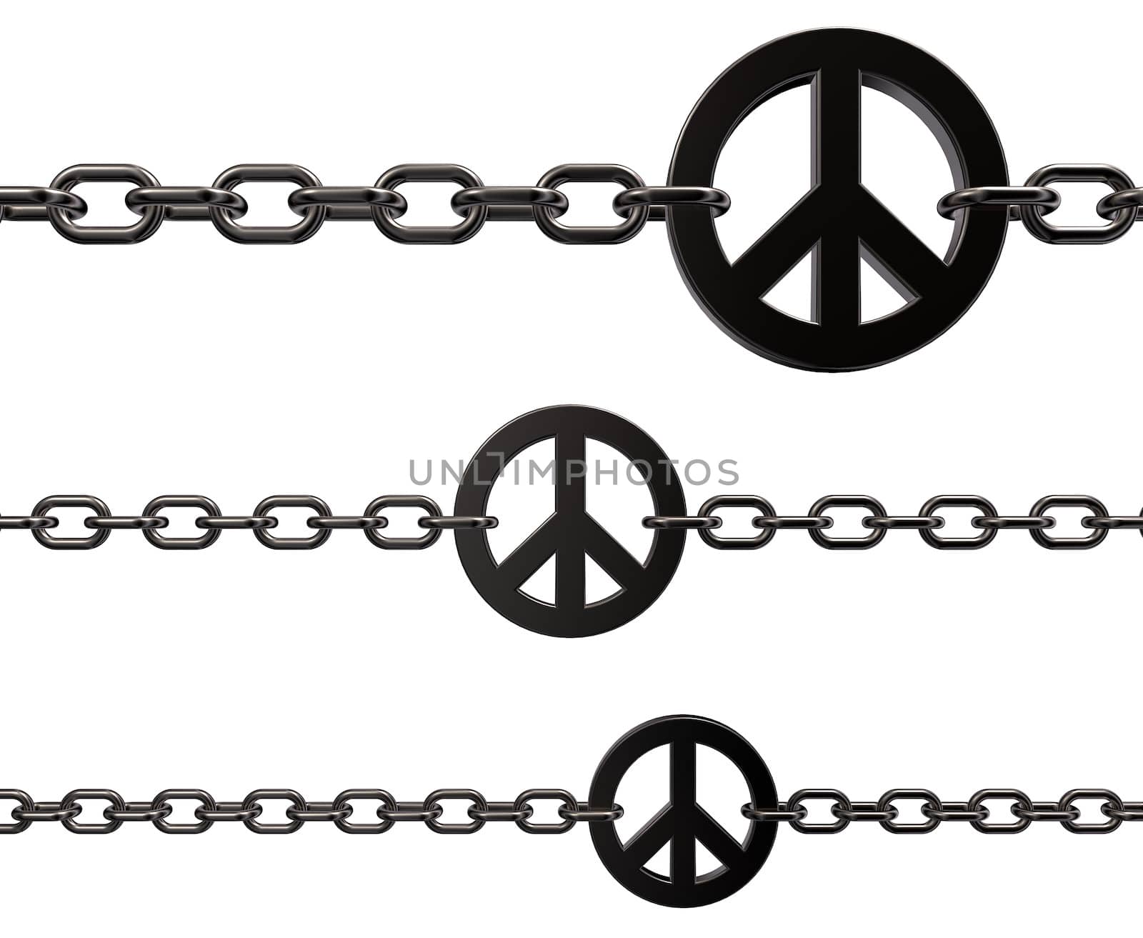 chains with metal peace symbol on white background - 3d illustration