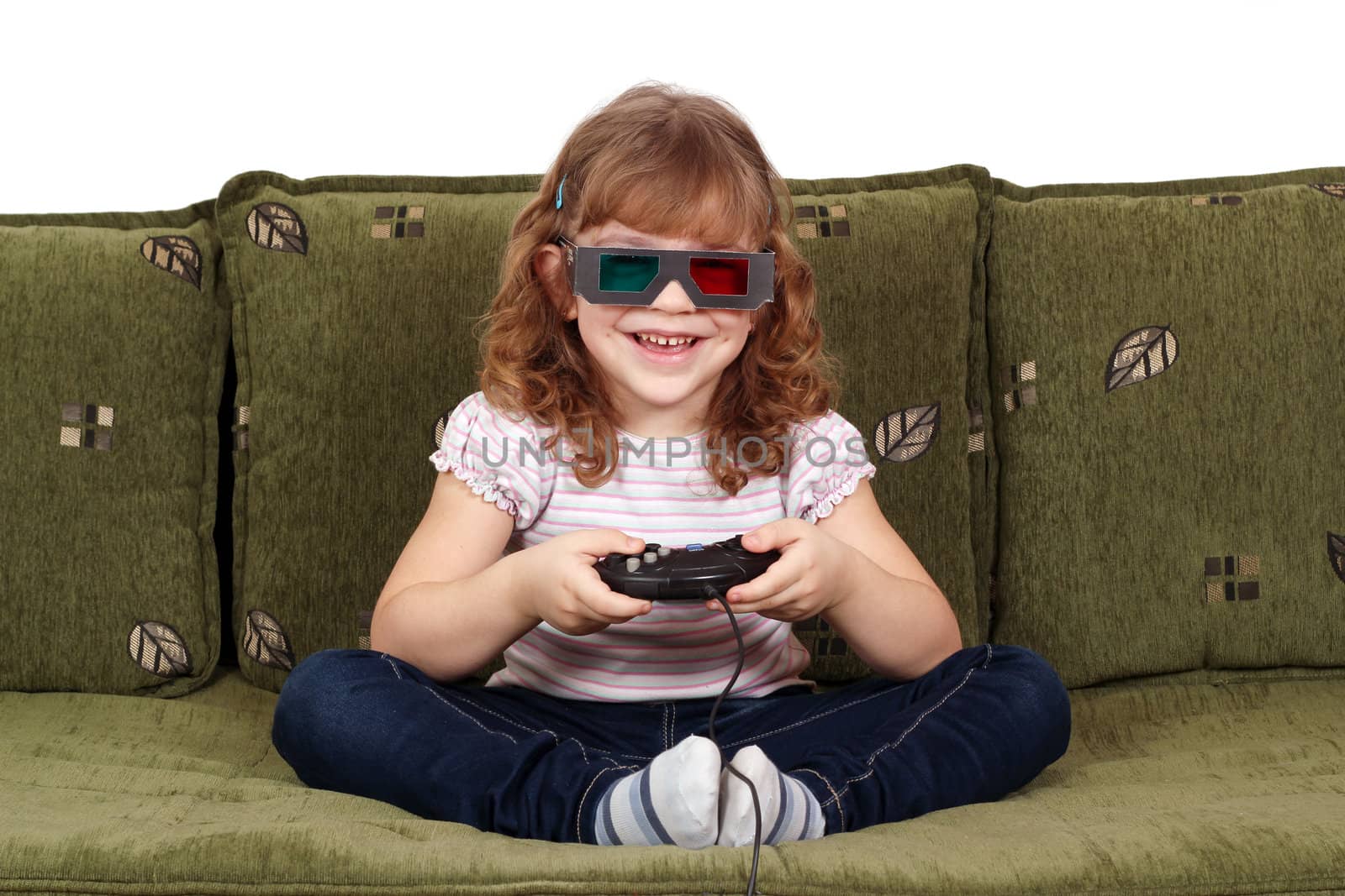 happy little girl with 3d glasses play video game