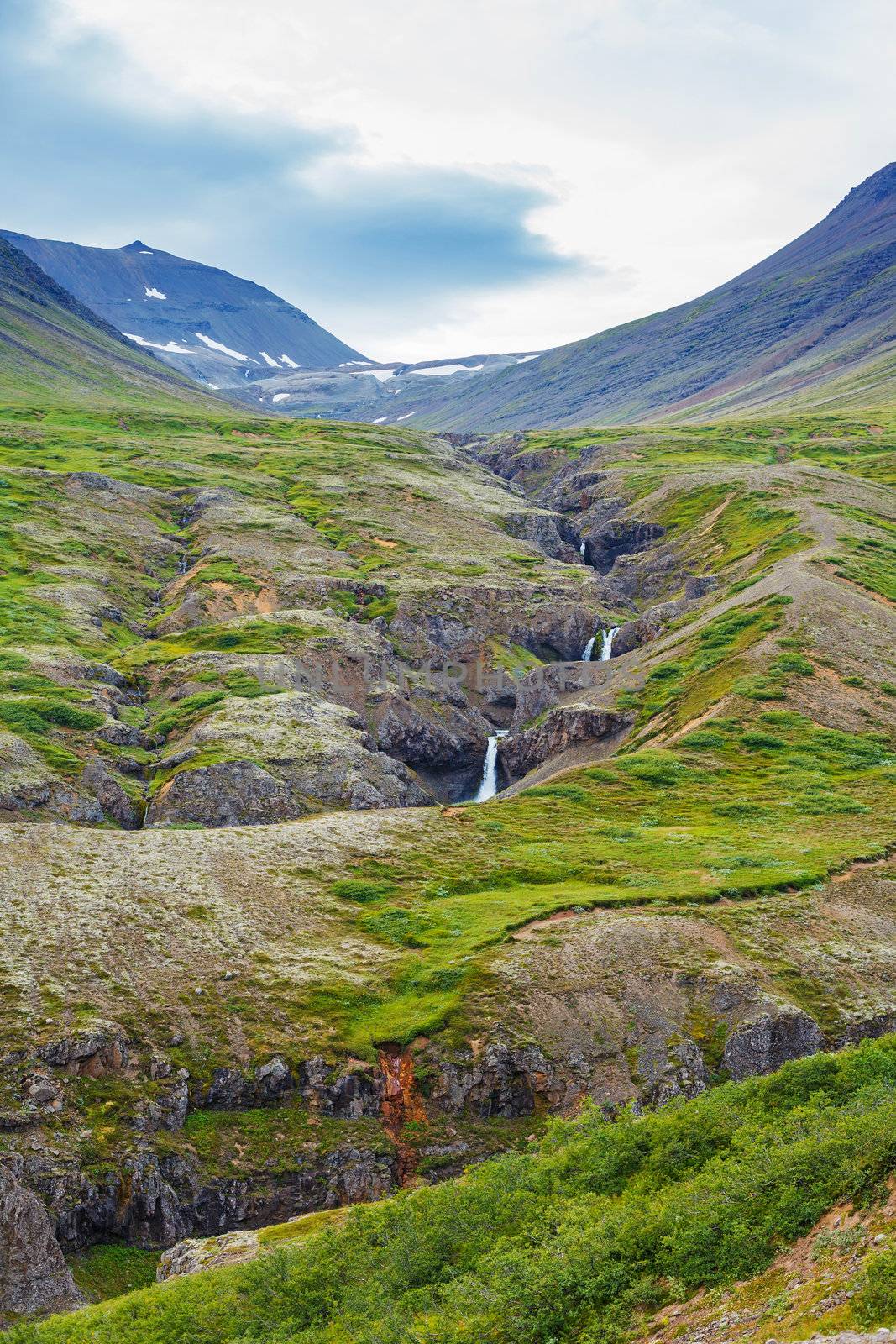 Waterfall in Iceland, landscape with beautiful nature. Vertical view