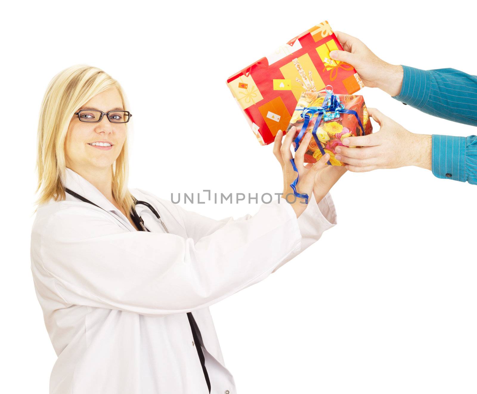 Medical doctor grabbing two gifts