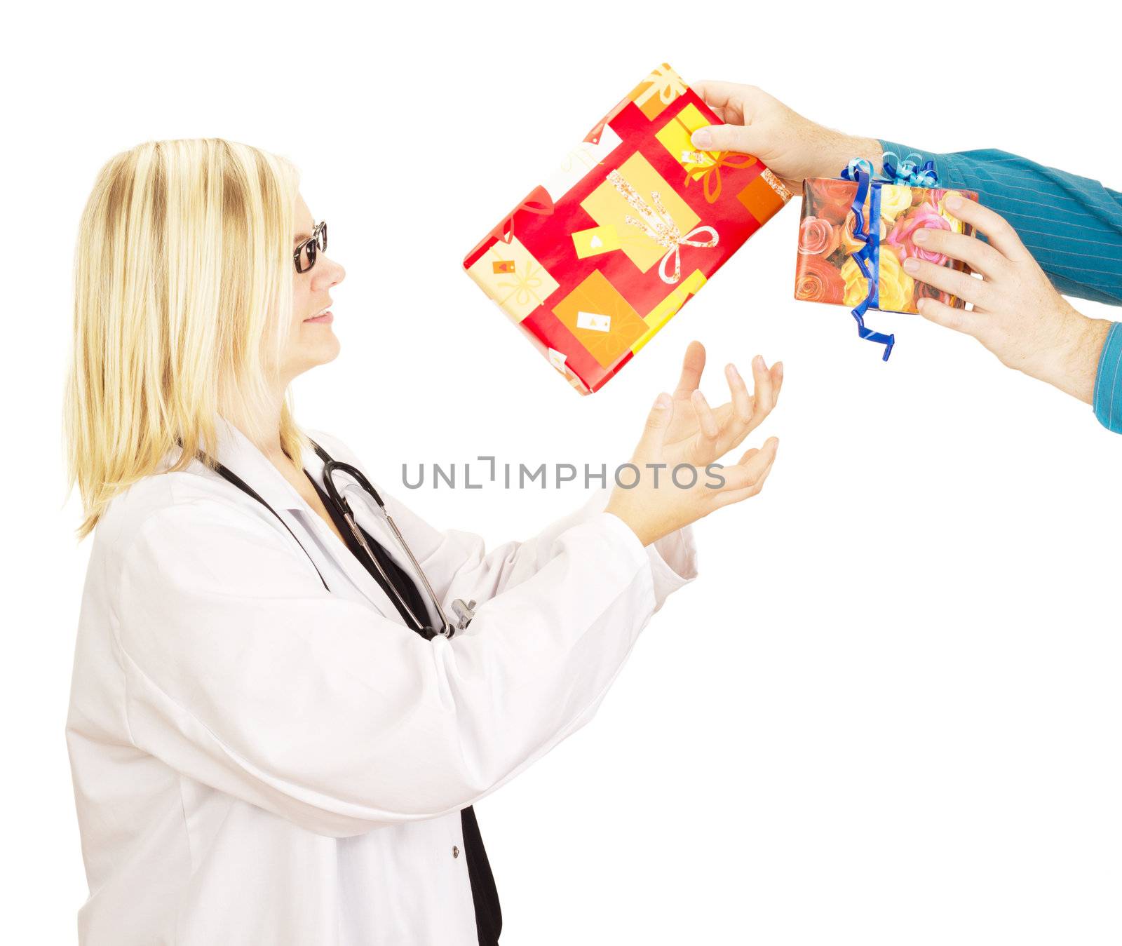 Medical doctor grabbing two gifts