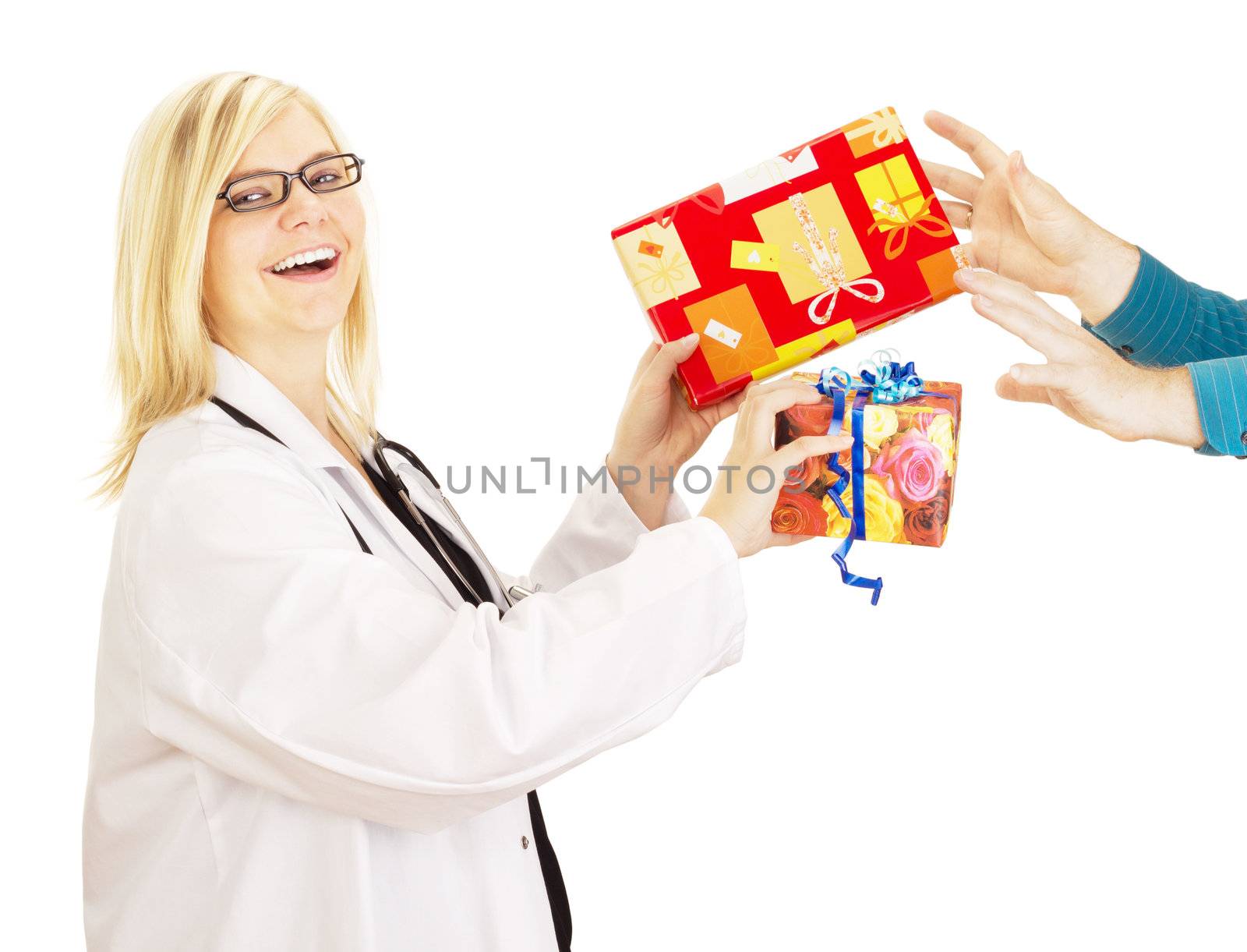 Medical doctor grabbing two gifts