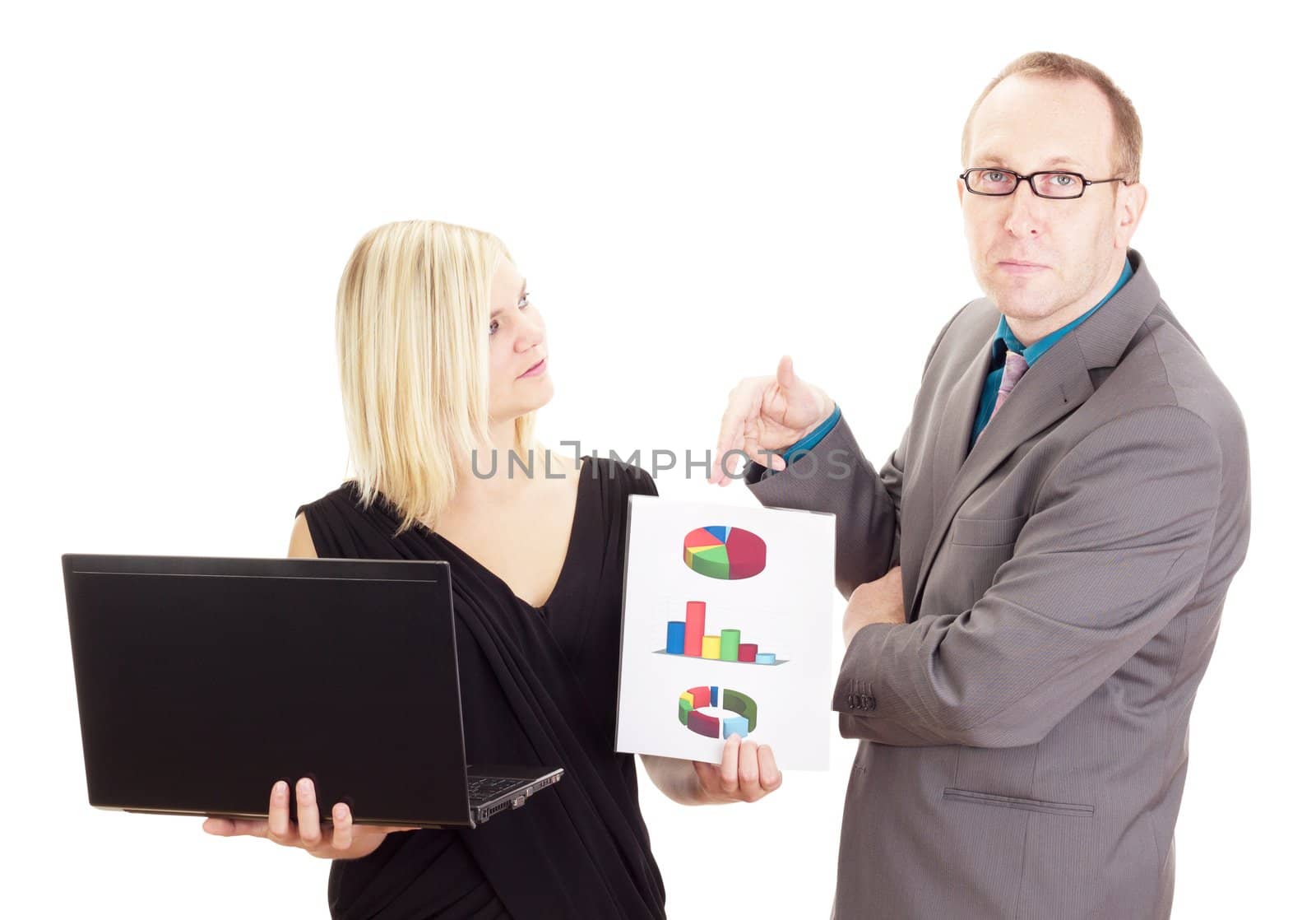 Two business people analysing some facts