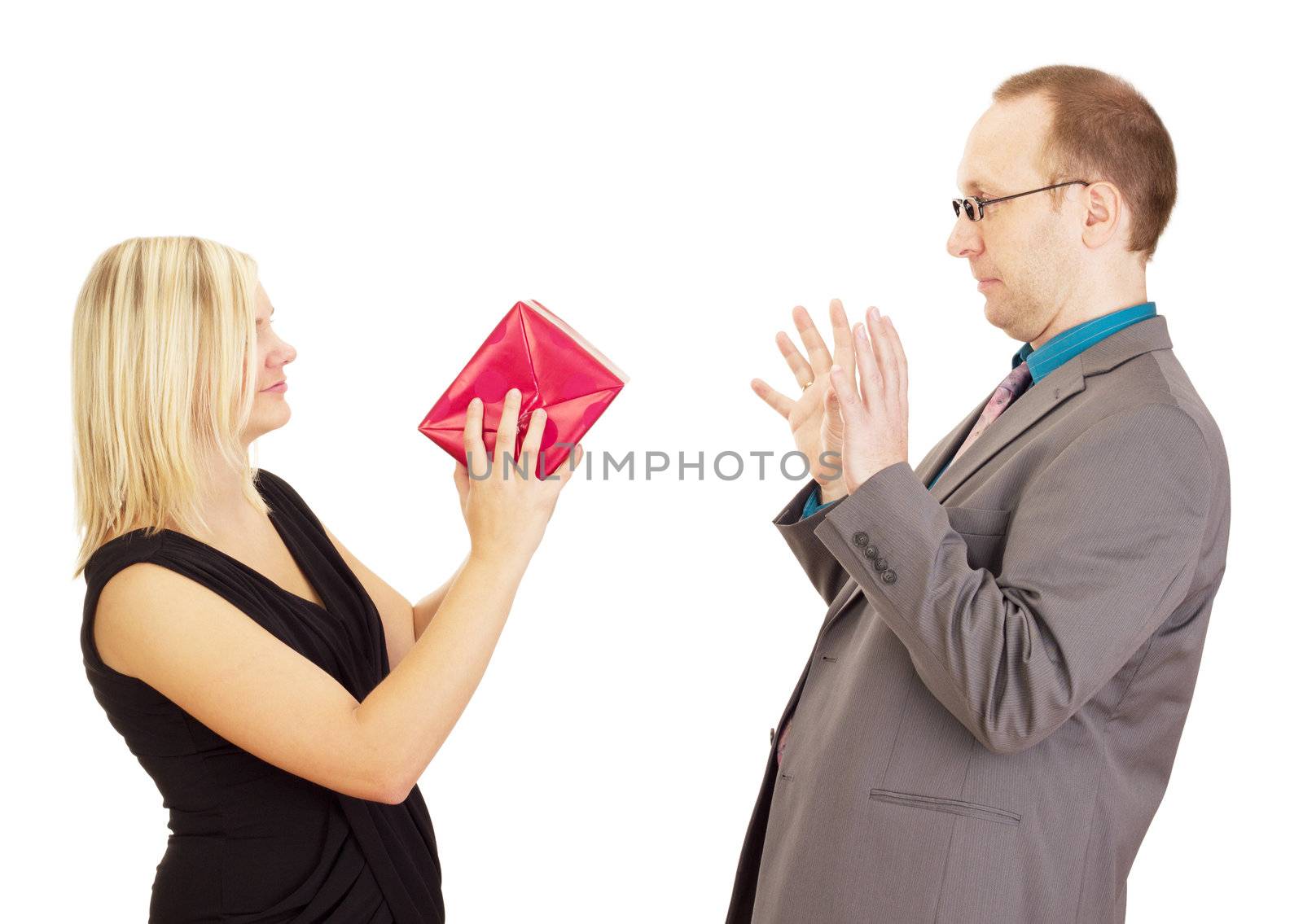 Two business people throwing a gift by gwolters