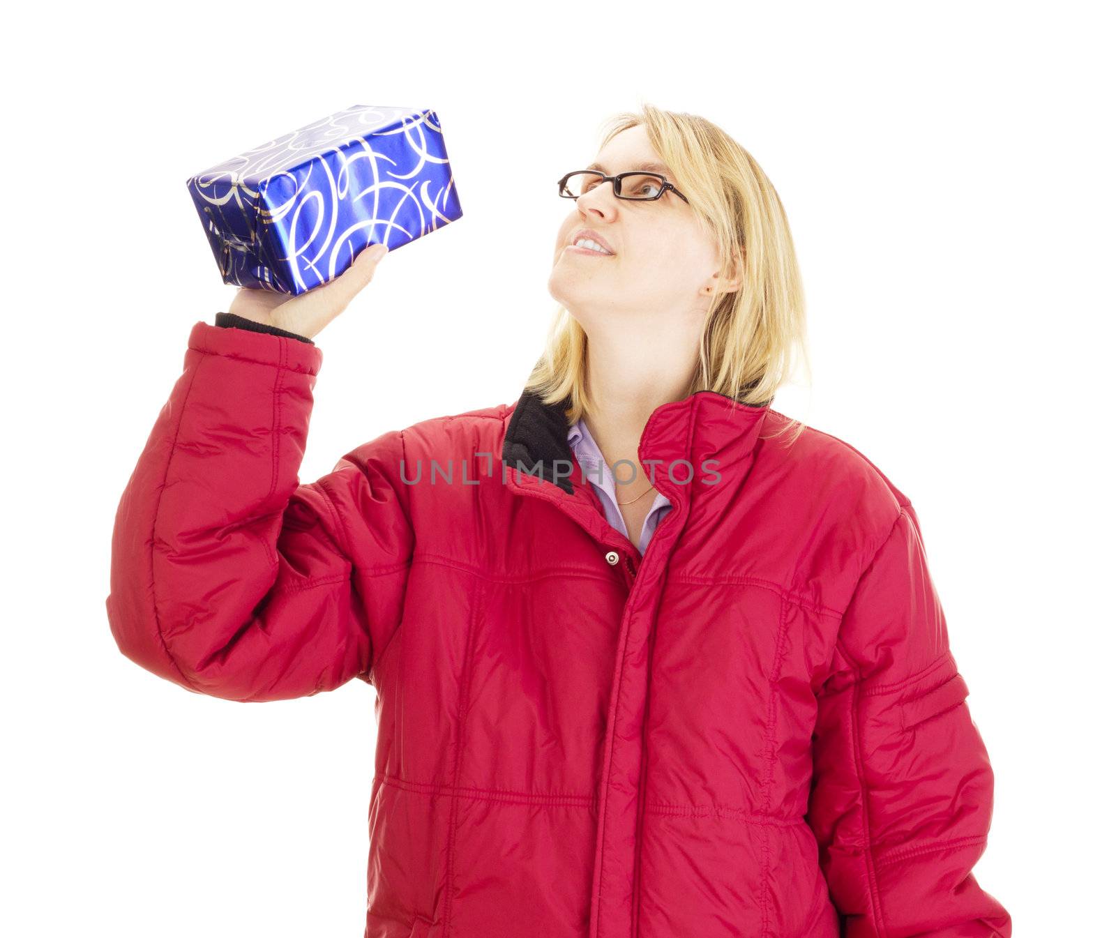 A female person juggling with two colorful gifts
