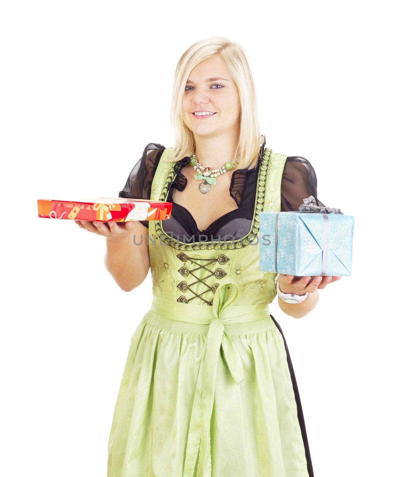 Young woman with two colorful gifts