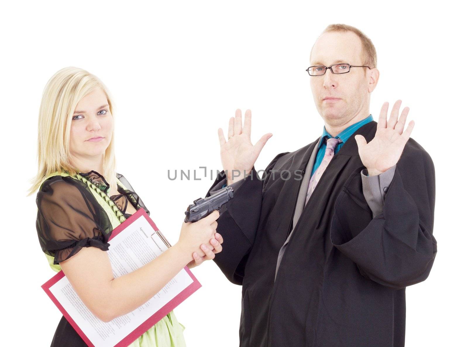 Young woman hold a lawyer at gunpoint