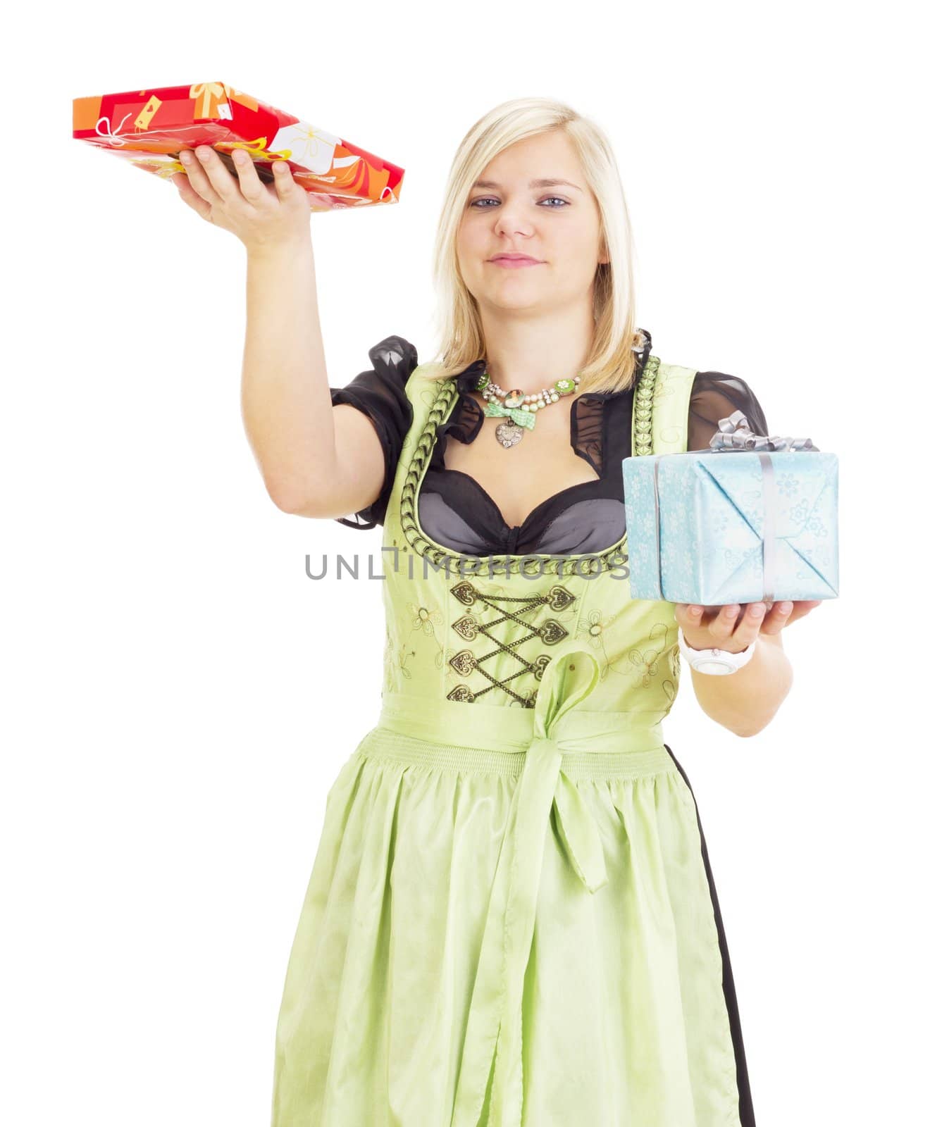 Young woman with two colorful gifts