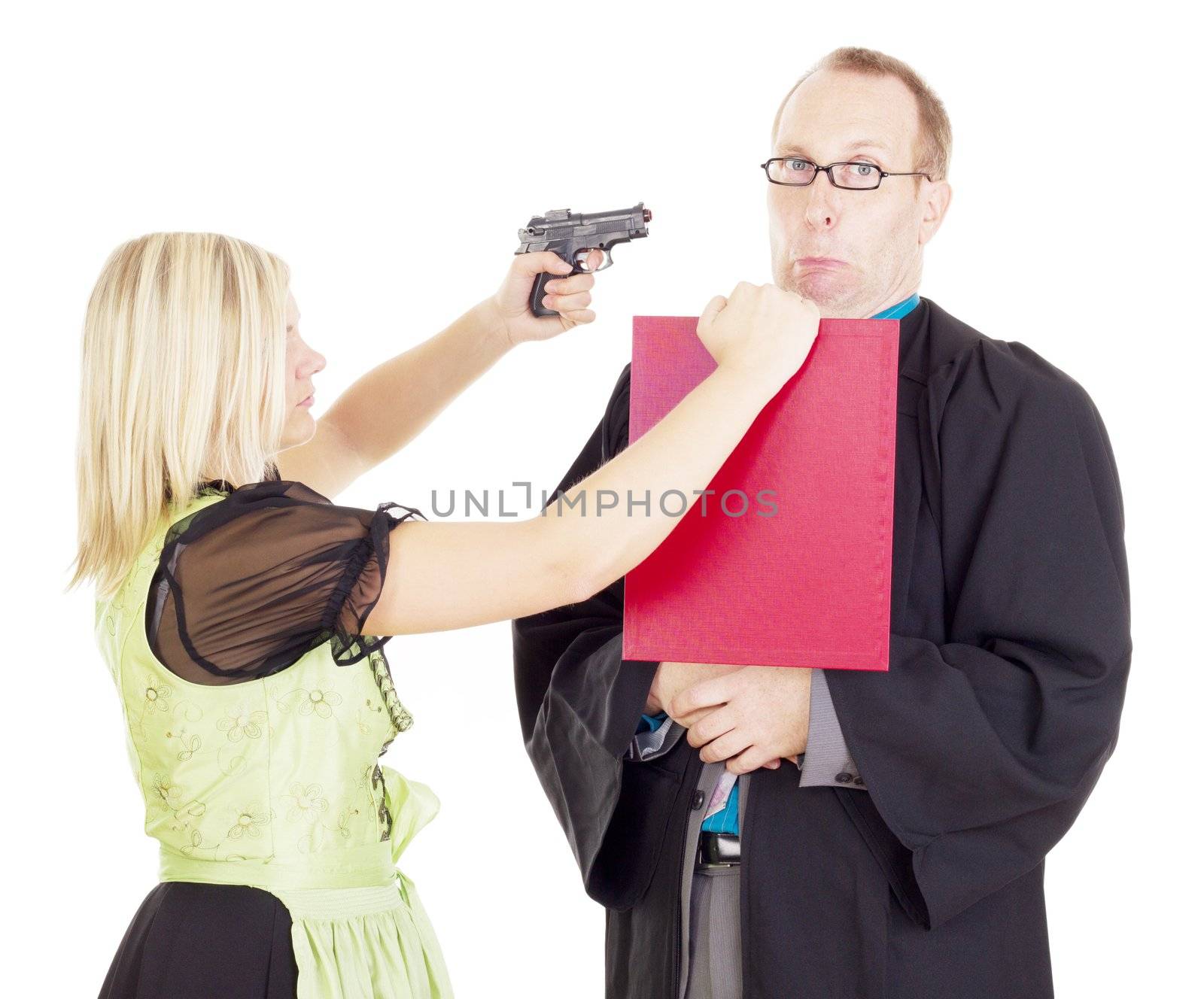 Young woman hold a lawyer at gunpoint
