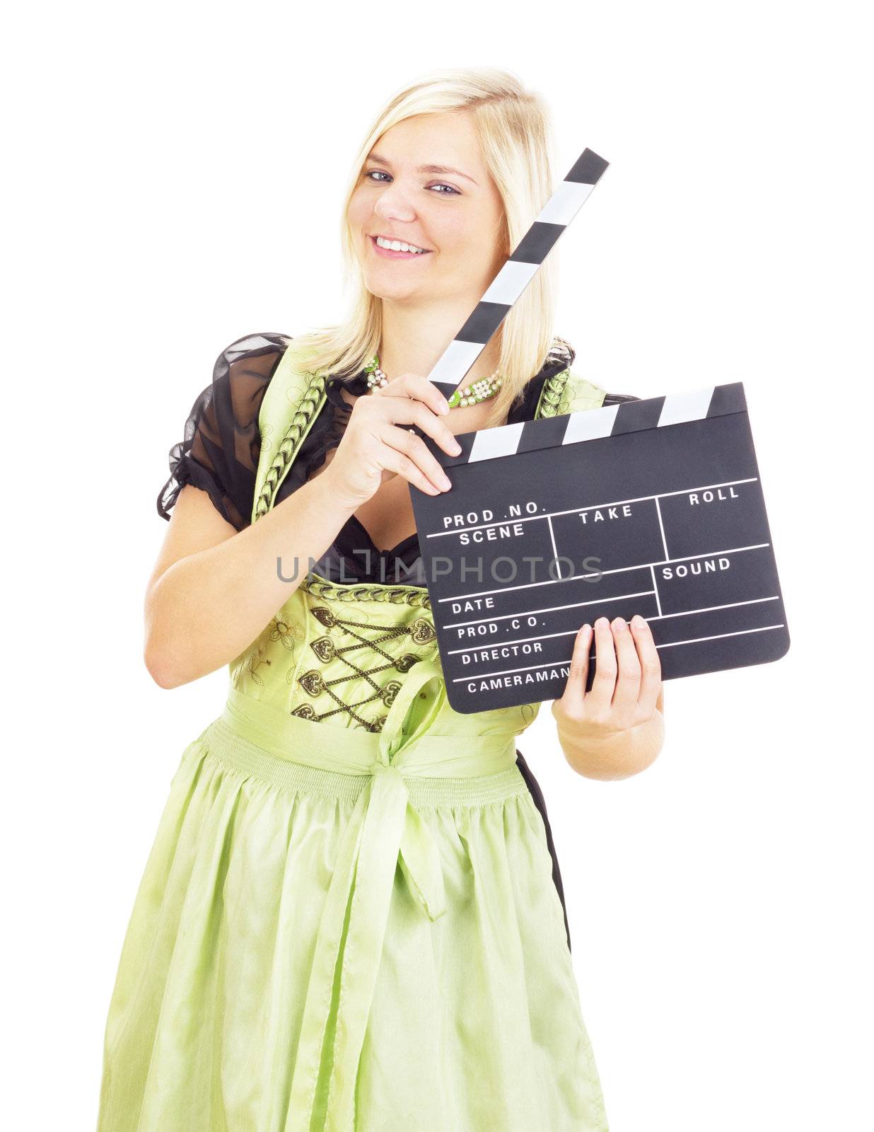 Woman in dirndl with clapperboard