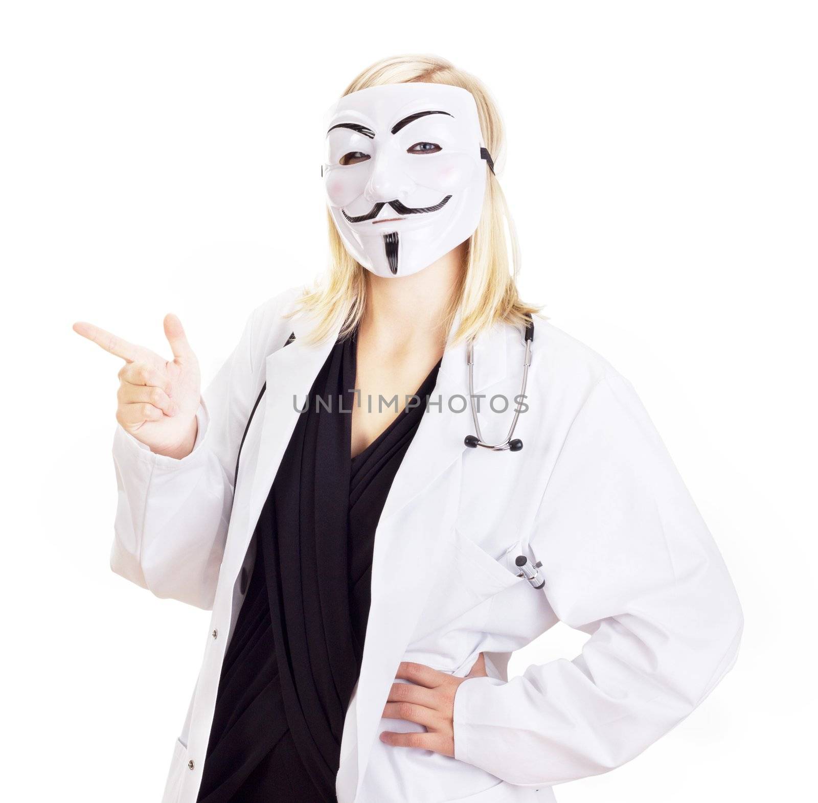 Medical doctor with a guy fawkes mask by gwolters